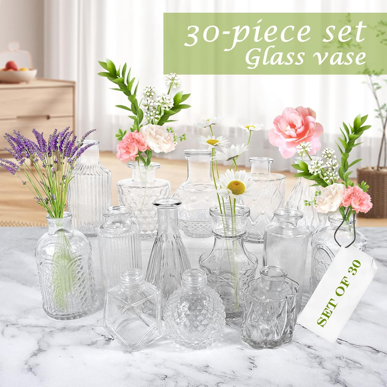 Lenamos Glass Bud Vases in Bulk Set of 30, Small Flower Vases Clear Vases for Centerpieces, Mini Vintage Vases for Flowers for Wedding Party Home Decorations Rustic Farmhouse Table Decor image number 3