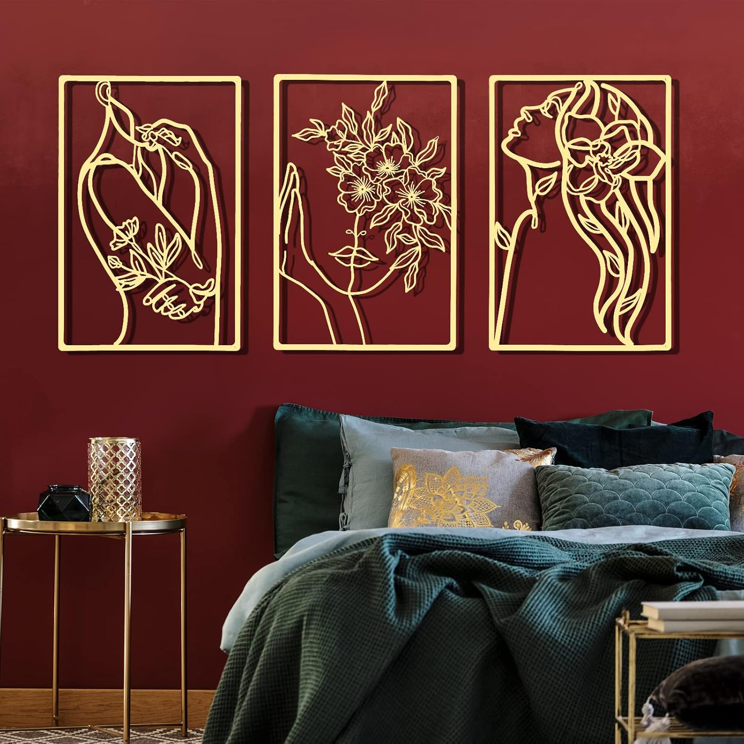 3 Pieces Metal Minimalist Abstract Woman Wall Art Line Drawing Wall Art Decor Single Line Female Home Hanging Wall Art Decor for Kitchen Bathroom Living Room (Gold, Flower) image number 6