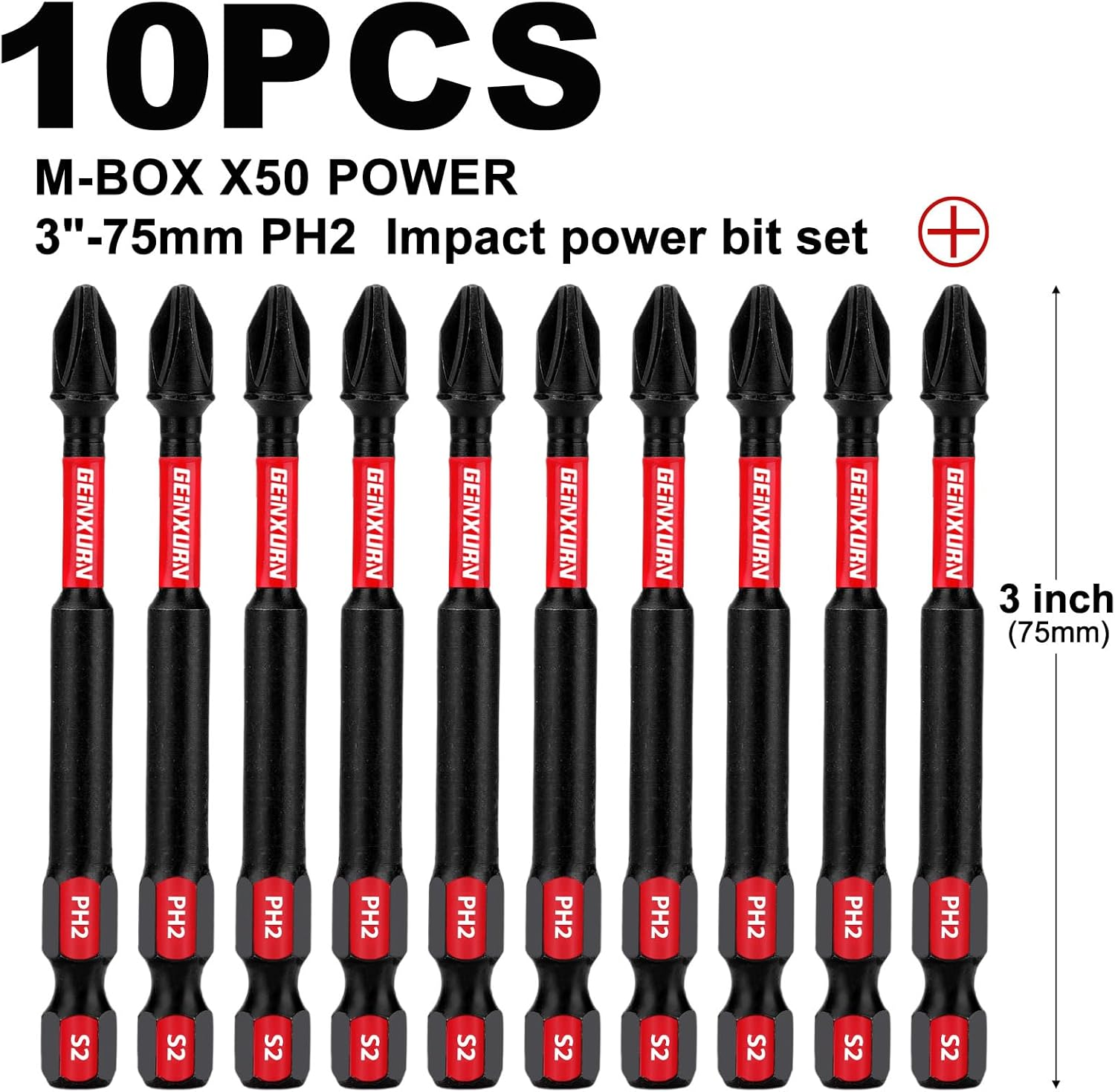 Geinxurn Impact Tough 3 In. #2 Phillips Screwdriver Bits Set,10 Pack Magnetic S2 Steel PH2 Long Power Driver Bits with Storage M-Box image number 6