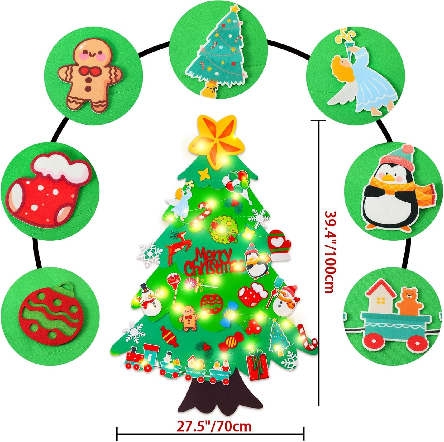 Felt Christmas Tree for Kids - 3.6 FT Wall Felt Christmas Tree with Lights & 35 Pcs Ornaments, DIY Xmas Gifts for Toddlers image number 1