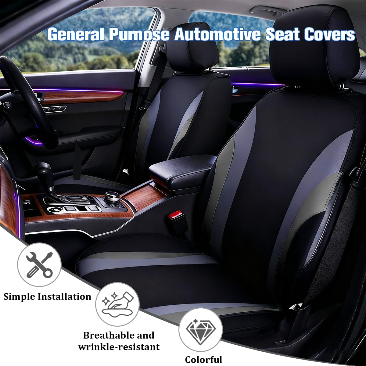 Sandfren Car Front Seat Covers Only, Sports Breathable Mesh Vehicle Front Seat Protectors with Removable Headrest Covers, Auto Interior Protection Accessories, Universal Fit (Gray) image number 5