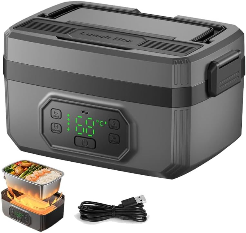 Cordless Insulated Electric Lunch Box, 21000Mah Cordless Heating Lunch Box 1.2 L Stainless Steel, Leakproof Portable Electric Food Warmer with 6 Temp & 8 Timer & Removable Tray Divider for Camping image number 2