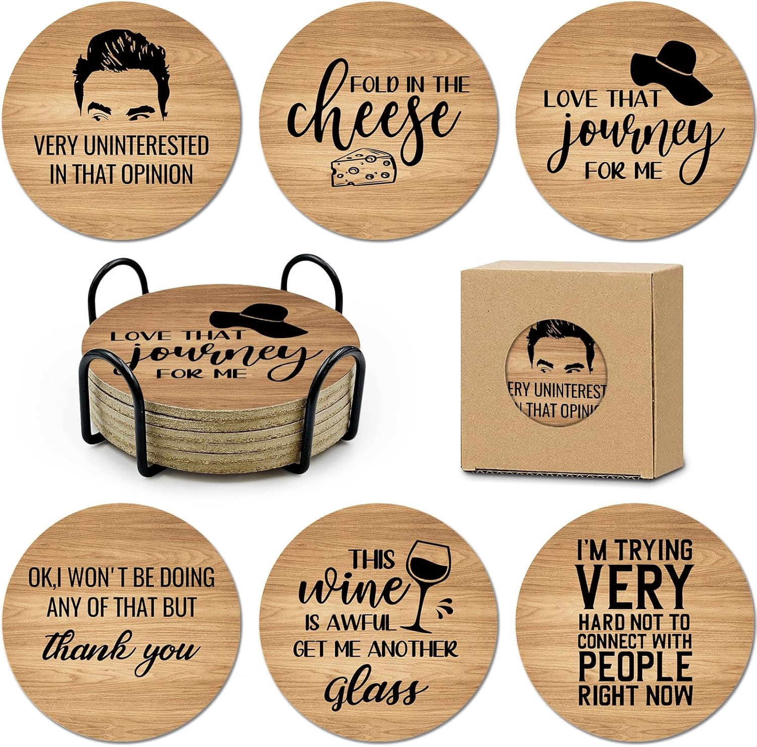6 PCS Funny Cork Coasters for Drinks,Schitts TV Show Merchandise Coasters Set with Coaster Holder,Coffee Table Tea Table Bar,Schitts TV Themed Coasters Gifts for Fans