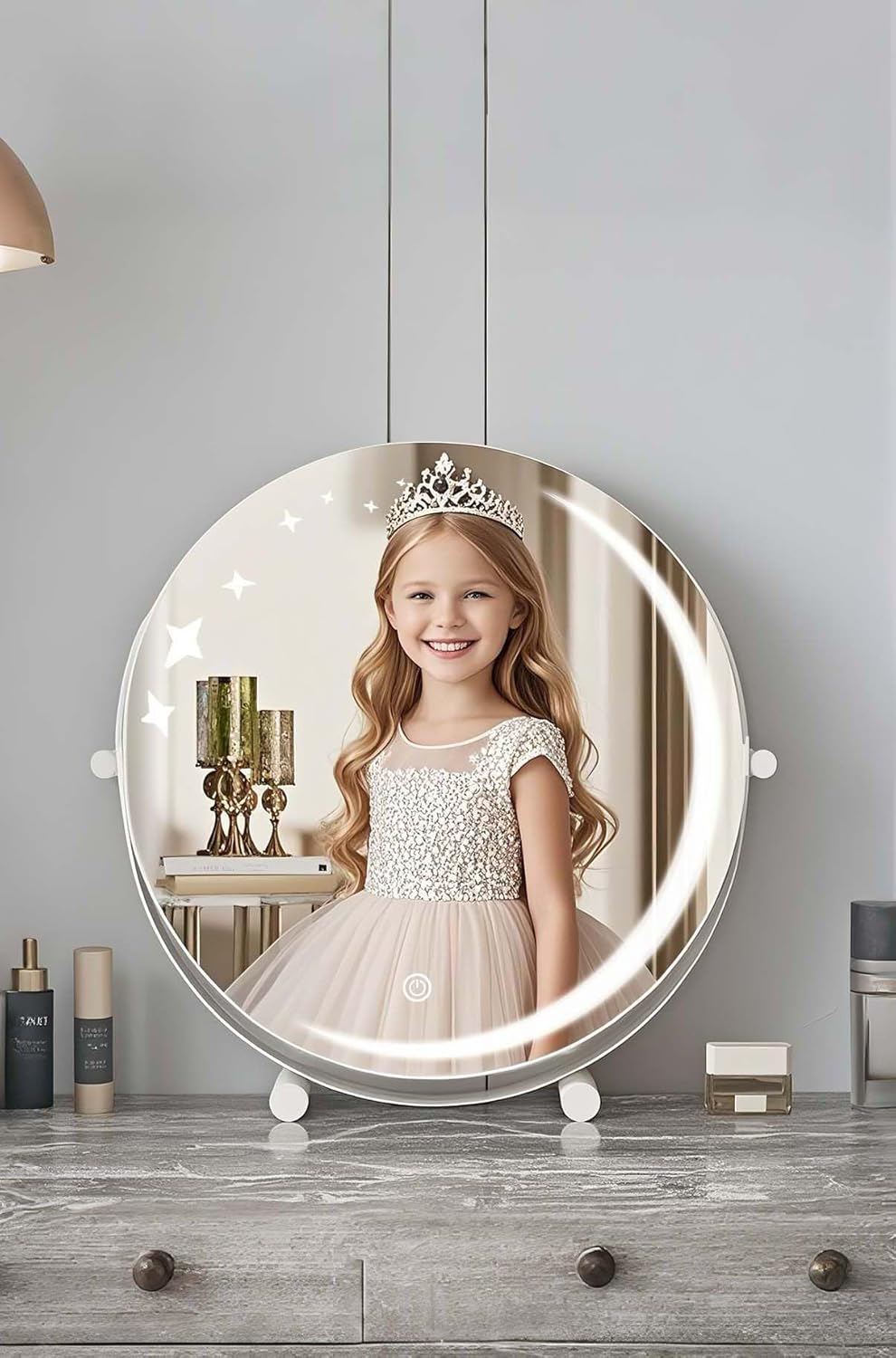 LED Vanity Mirror with Starry Sky Lights Crescent Moon 3-Color Adjustable Makeup Mirror round HD Mirror for Girls (Starlight,Gold 30Cm)