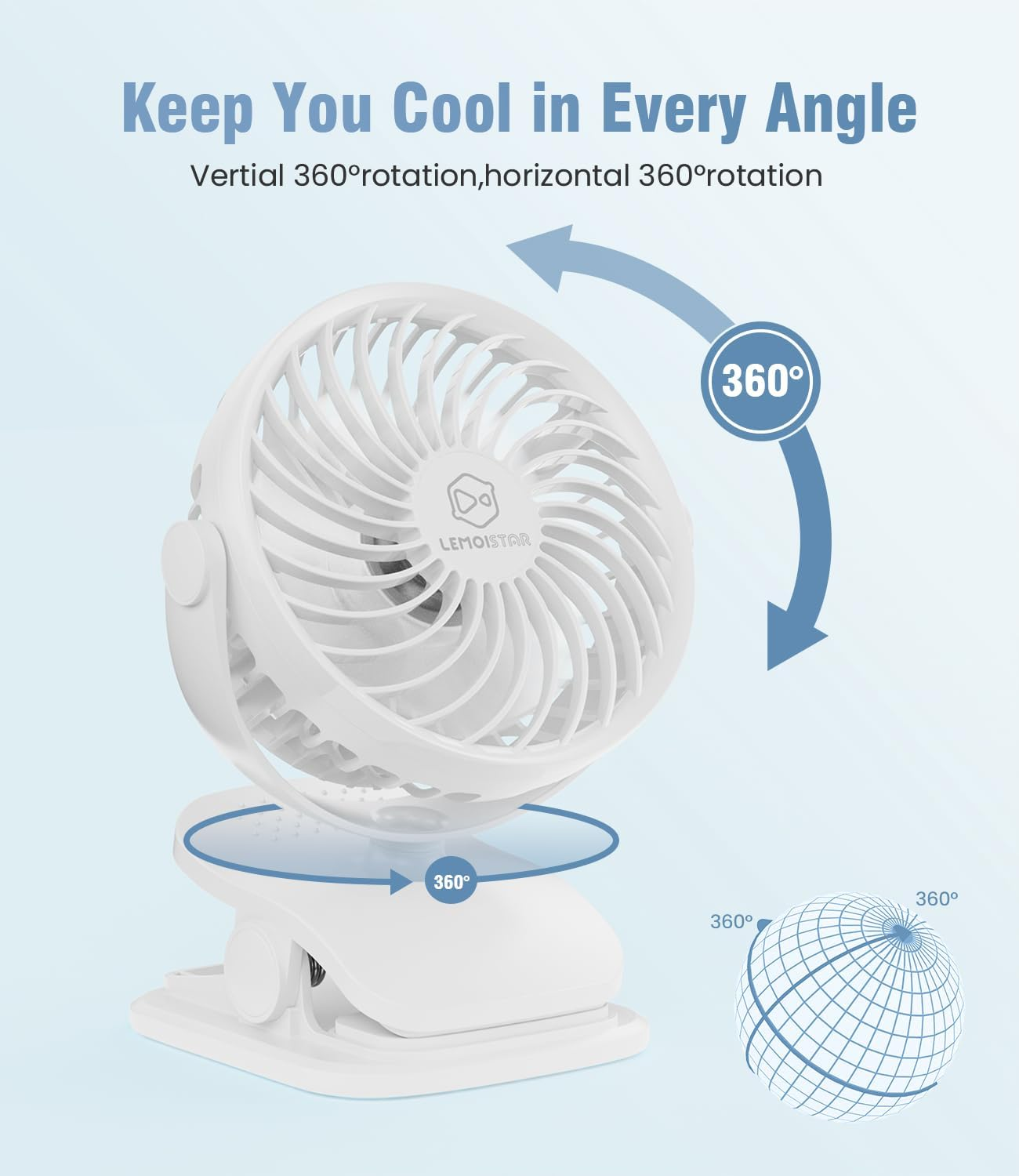 Battery Operated Clip on Fan and Desk Fan 2 in 1, Rechargeable Battery Fan Portable Baby Stroller Fan, USB or Battery Powered, Small Personal Fan for Camping, Tent, Car, Dorm (White) image number 1