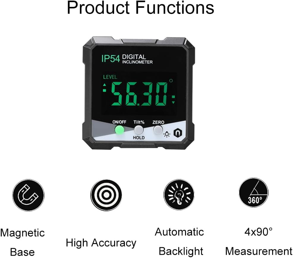 Lancoon Digital Inclinometer, Angle Finder with Bevel Gauge LCD Display Backlight Magnetic Base High Accuracy Waterproof Battery Powered Measuring Tool Plastic for Woodworking Black image number 2
