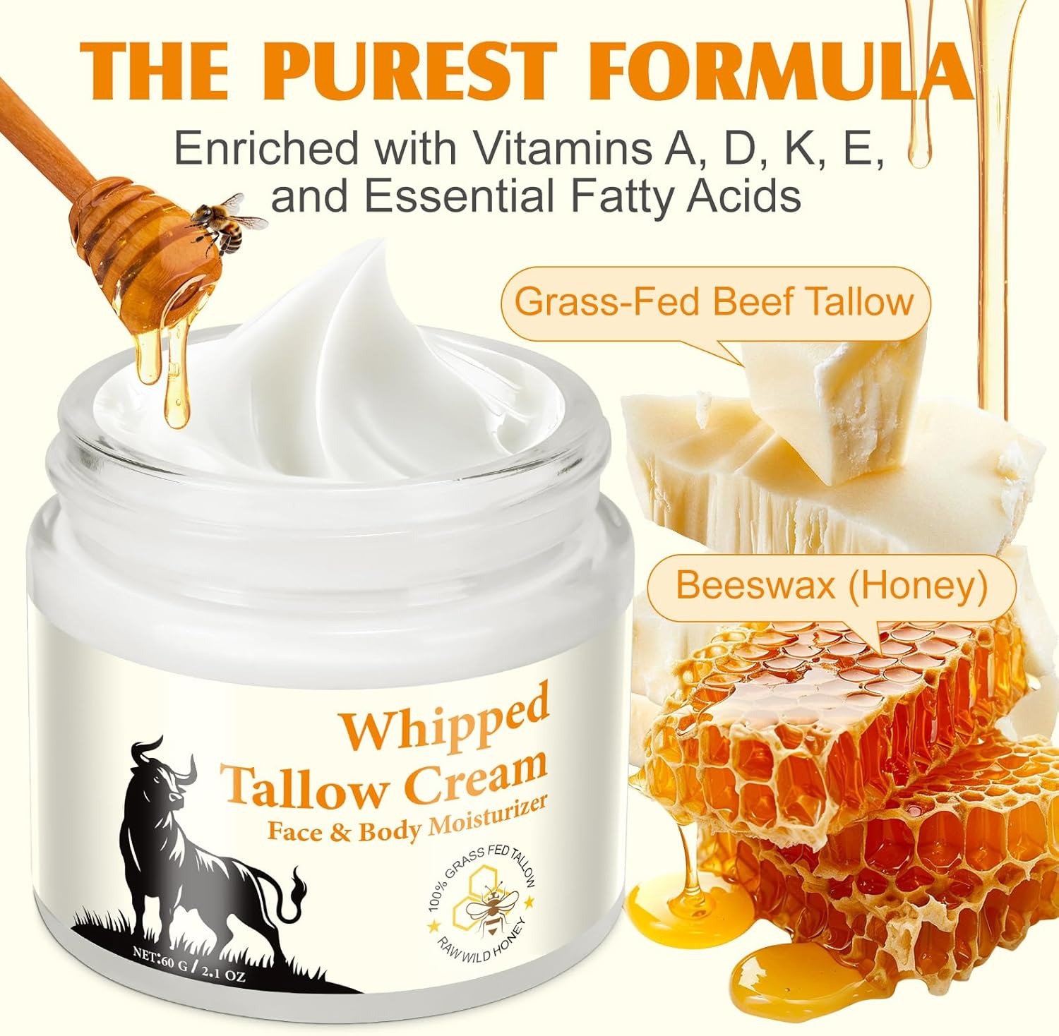 Beef Tallow and Honey Balm for Skin, All-Natural Moisturizer, Hydrating Tallow Balm with Raw Honey and Beeswax, Grass-Fed Beef Tallow & Raw Wild Honey Blend image number 6