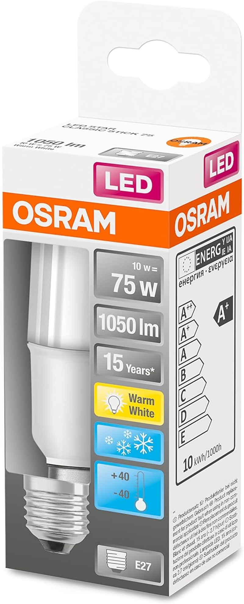 OSRAM LED Lamp with E27 Base, Warm White (2700K), Stick Shape, 10W, Replacement for 75W Bulb, Frosted, LED Star Stick, 6-Pack image number 3