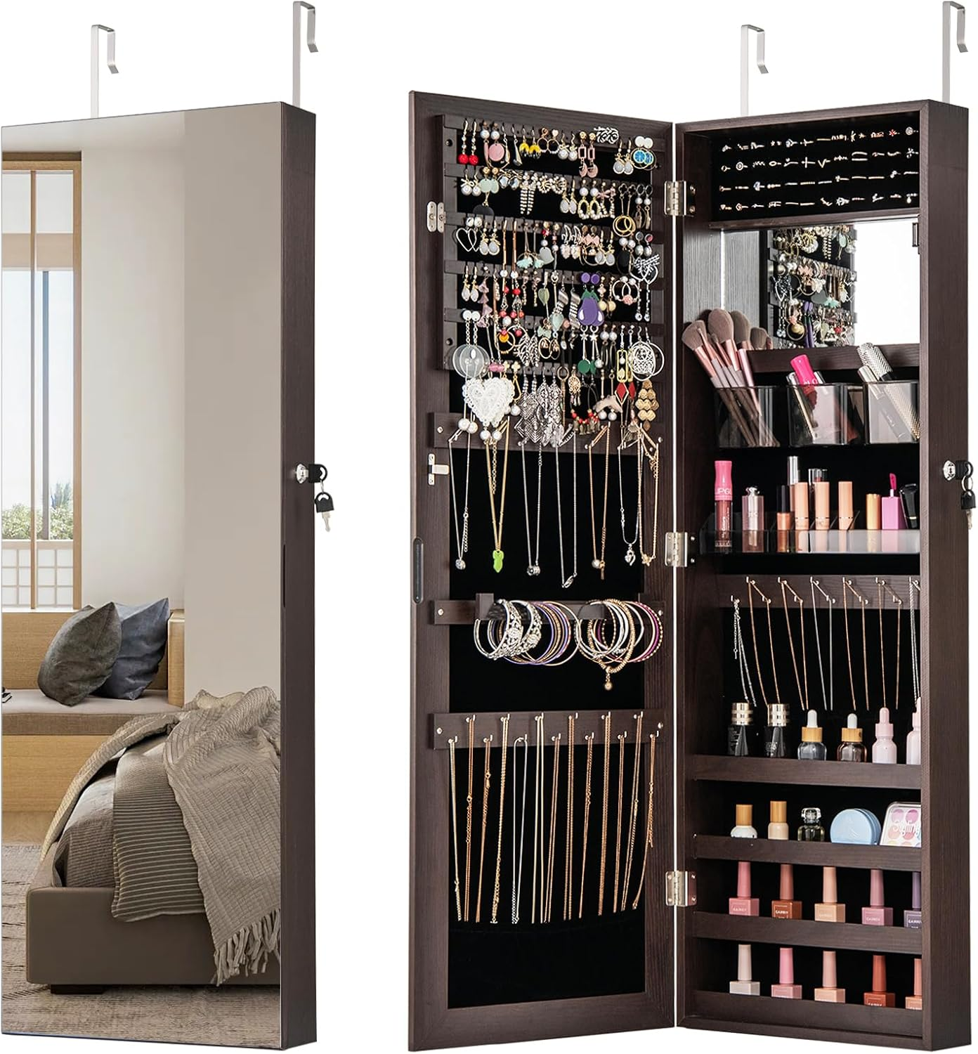 Giantex 110 Cm Jewelry Mirror Cabinet, Wall/Door Mounted Jewelry Armoire Organizer W/Full-Length Mirror & Interior Makeup Mirror, Adjustable Hangers, Safety Lock & Soft Lining (Rustic Brown)