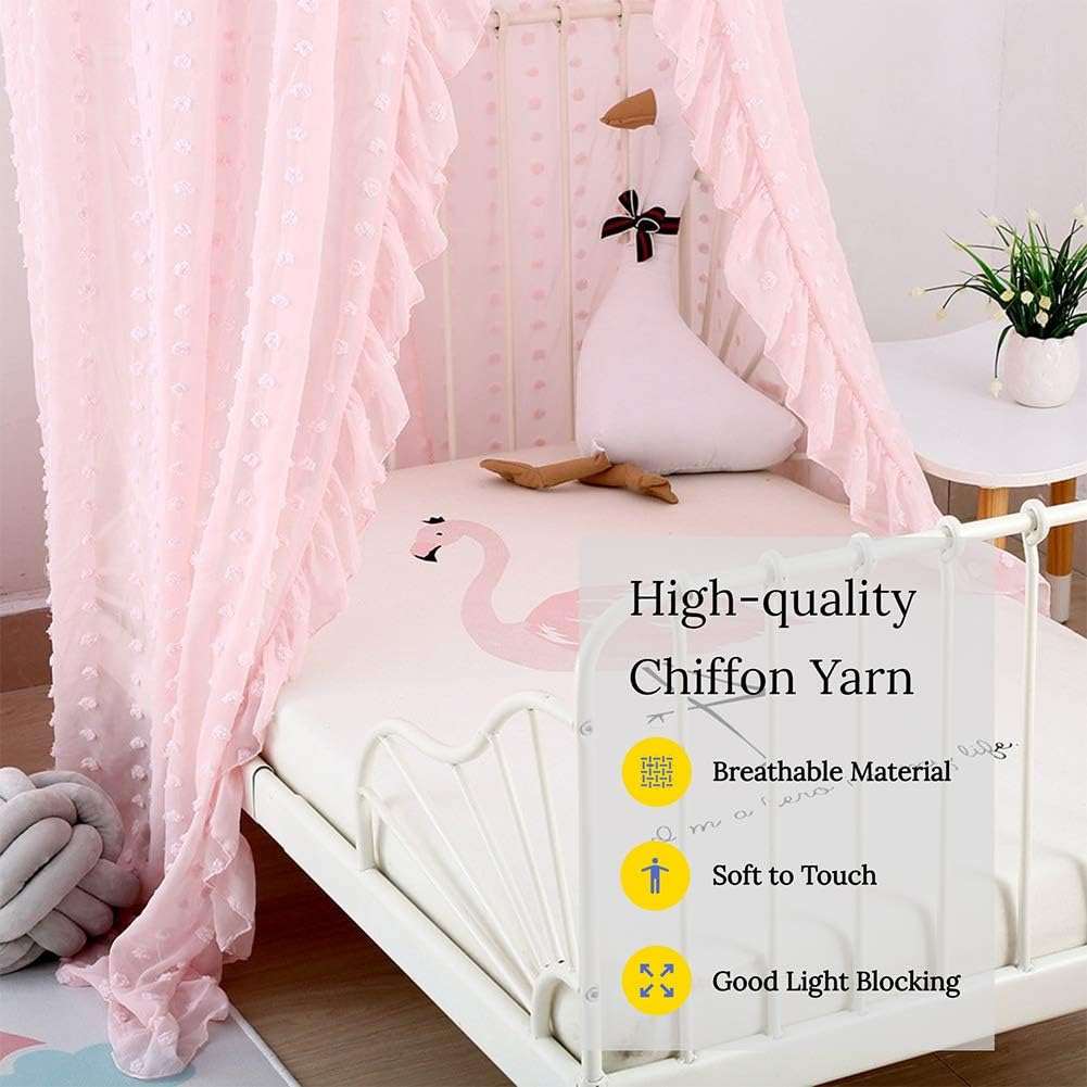 Kids Bed Canopy for Girls, Pink Crib Canopy Princess Hanging Children Canopy Tent, Toddler Girl Canopy Bed Netting for Baby Room Bedroom Reading Nook, Macrame Lace Boho Nursery Canopy with Pom Pom - Pink image number 3