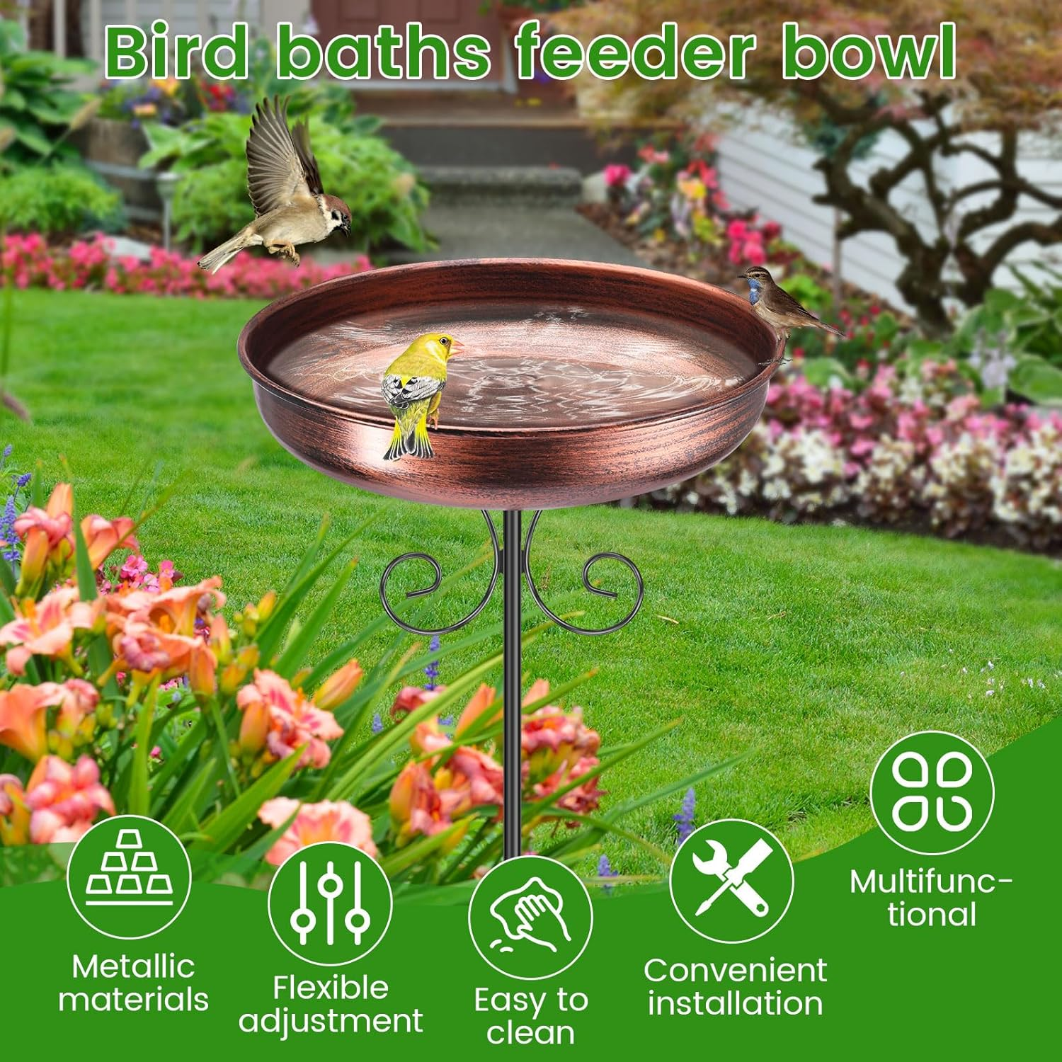 Metal Outdoor Standing Bird Bath Enduring Bird Bath Feeder Bowl Decorative Freestanding Birdbath for Garden Outdoor.(30Cm) image number 1