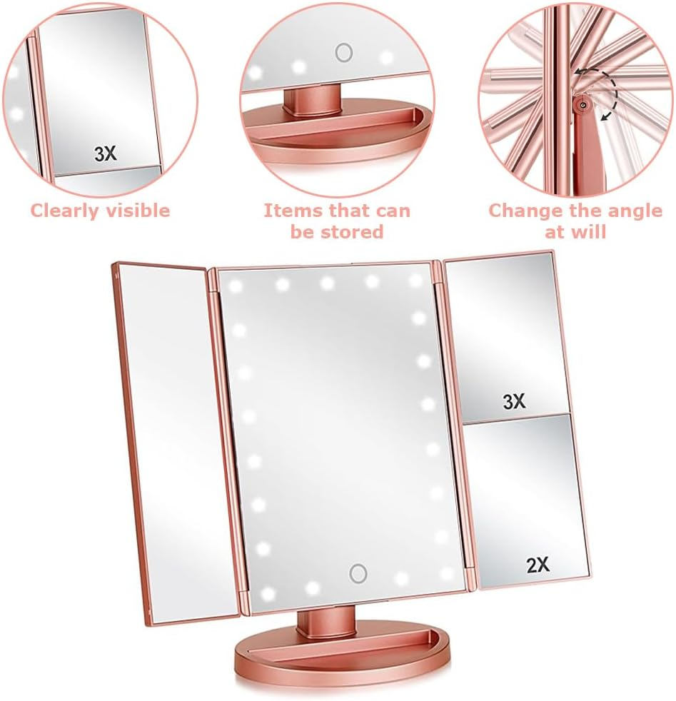 Makeup Mirror with Lights,Magnifying Beauty Looking Glass, Trifold Cosmetic Mirror,Countertop Vanity Looking Glasses,Portable High Definition Mirrors,With Touch Screen Dimming image number 4