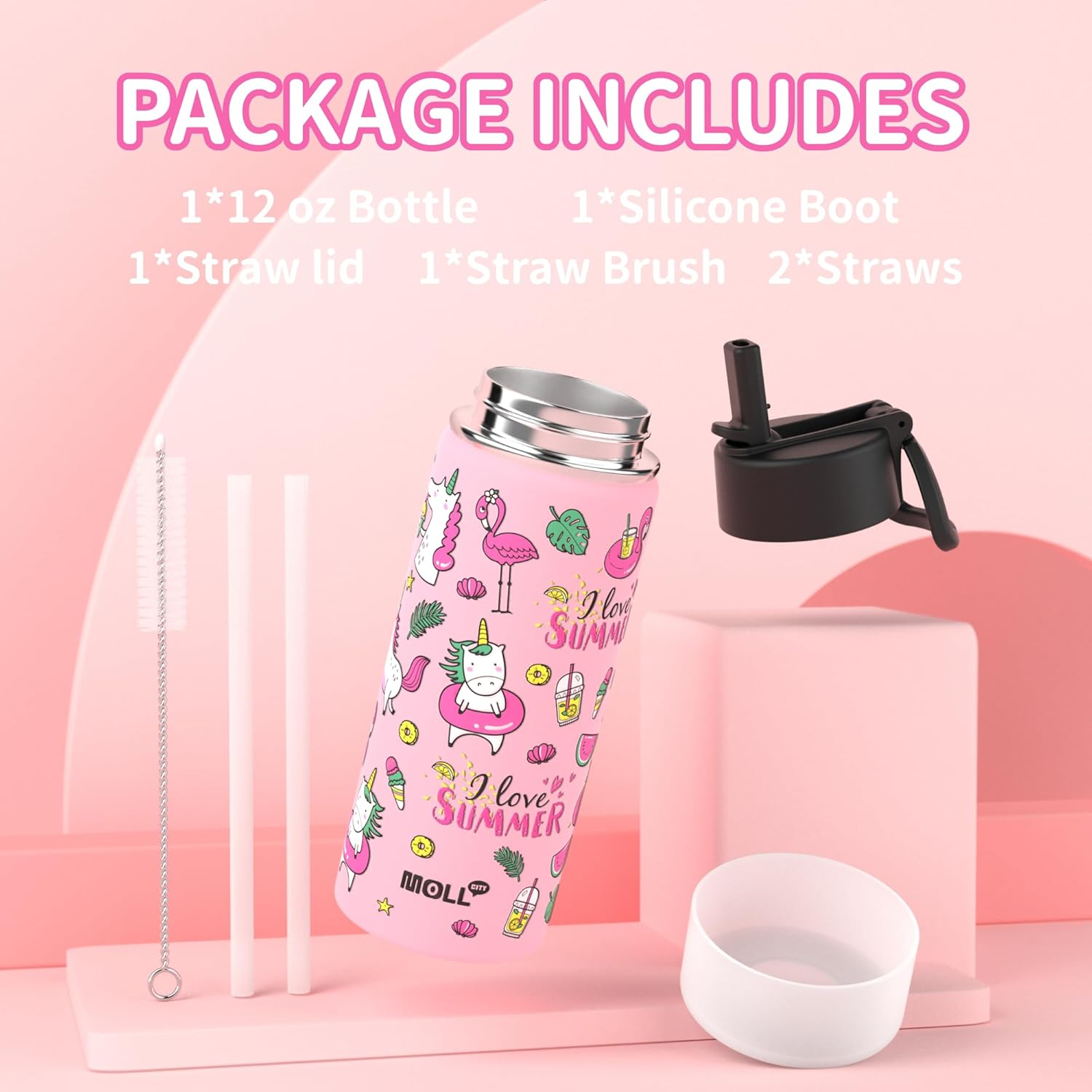 350ML Water Bottle with Straw Stainless Steel Double Wall Vacuum Insulated Water Bottle for Girls, Reusable Metal Water Flask BPA Free -Unicorn image number 5