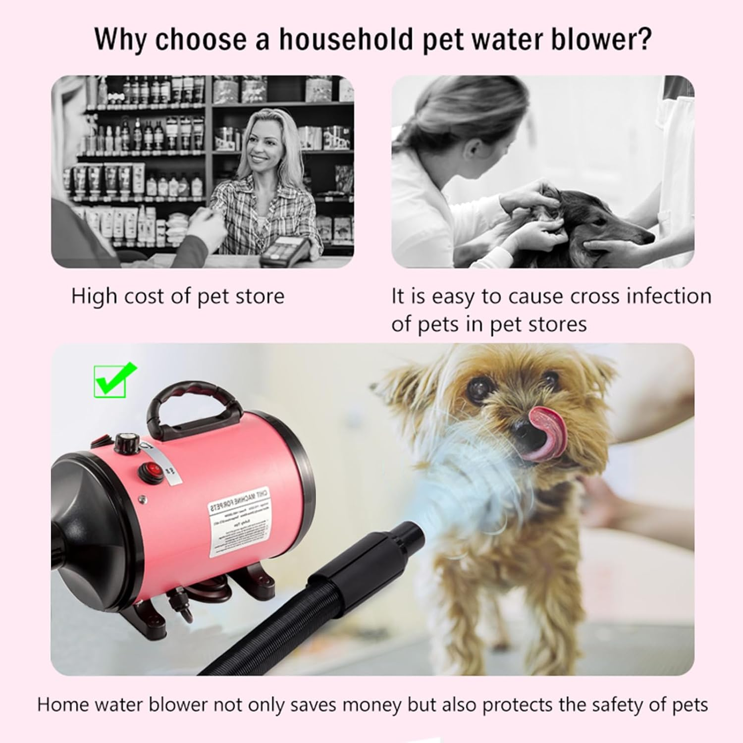 Dog Hair Dryer Pet Dryer, 2800 W Blower Dog Hair Dryer, Very Quiet Adjustable Speed and Heat, Dog Dryer Pet Dog Grooming Hair Dryer Blower with 4 Different Nozzles (Pink) image number 1