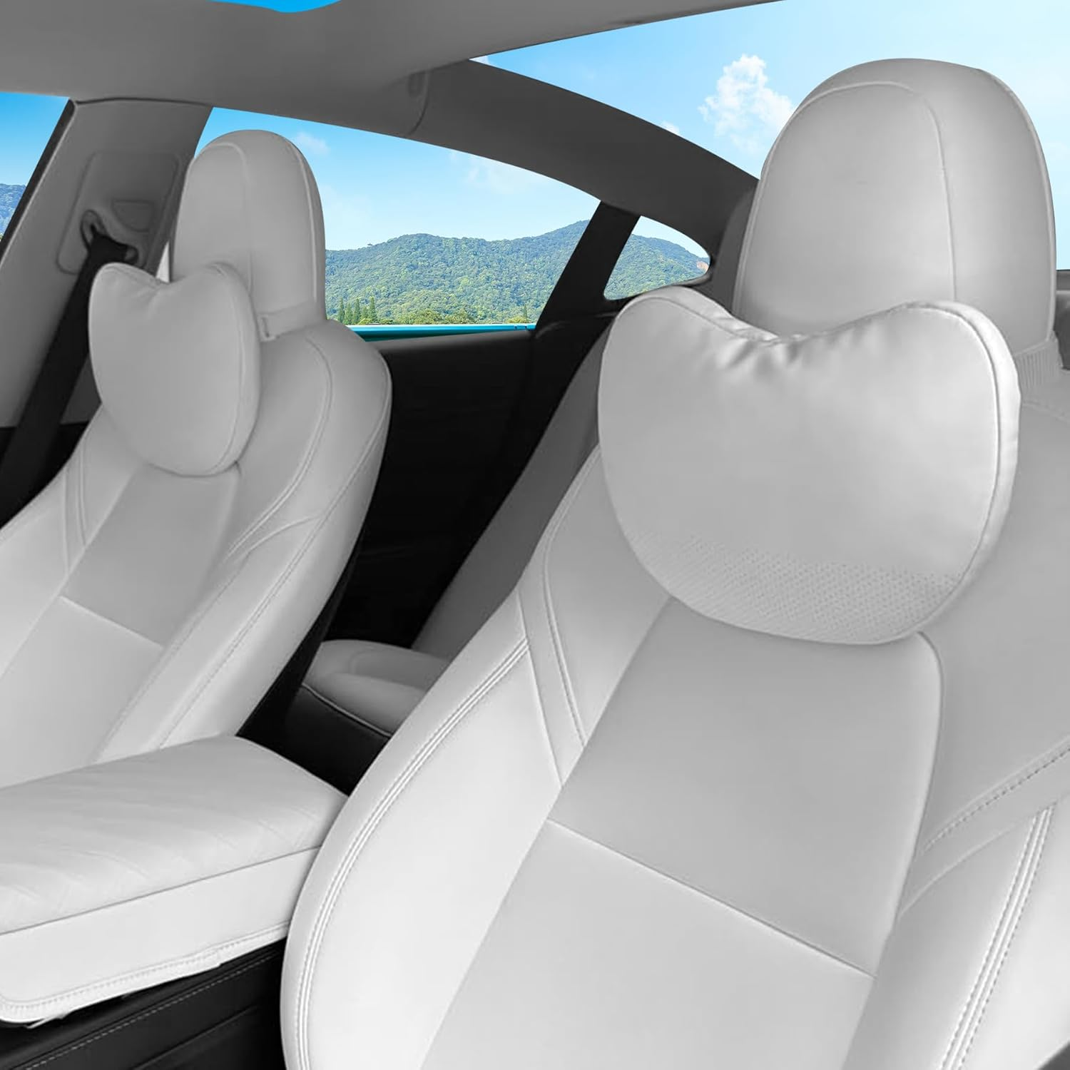 Car Headrest Neck Pillow for Tesla Model Y Juniper & Model 3 Highland, 2 Pack Nappa Leather Neck Support Cushion Fatigue Relief Seat Pillow Uniquely Designed for Tesla Model Y/3/S/X (White)