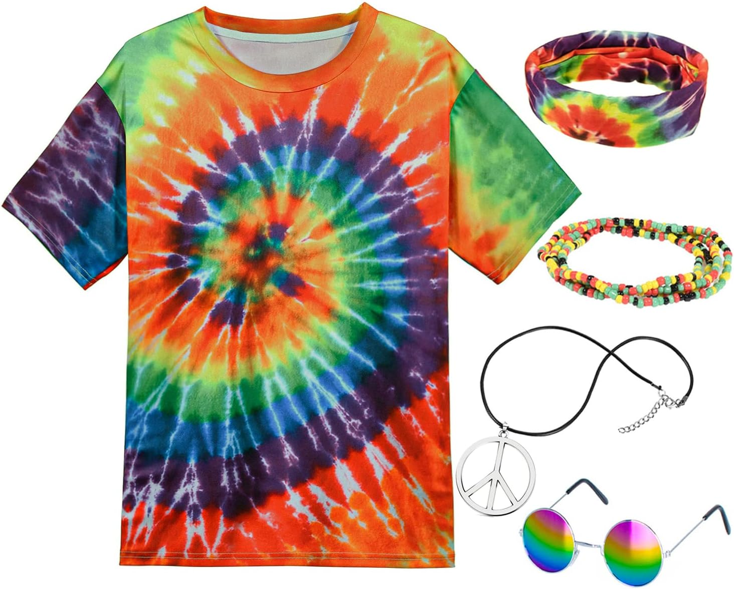 Hippie Costume for Men Momen 60S 70S Colorful T-Shirt 5 PCS Accessories Set for Theme Party