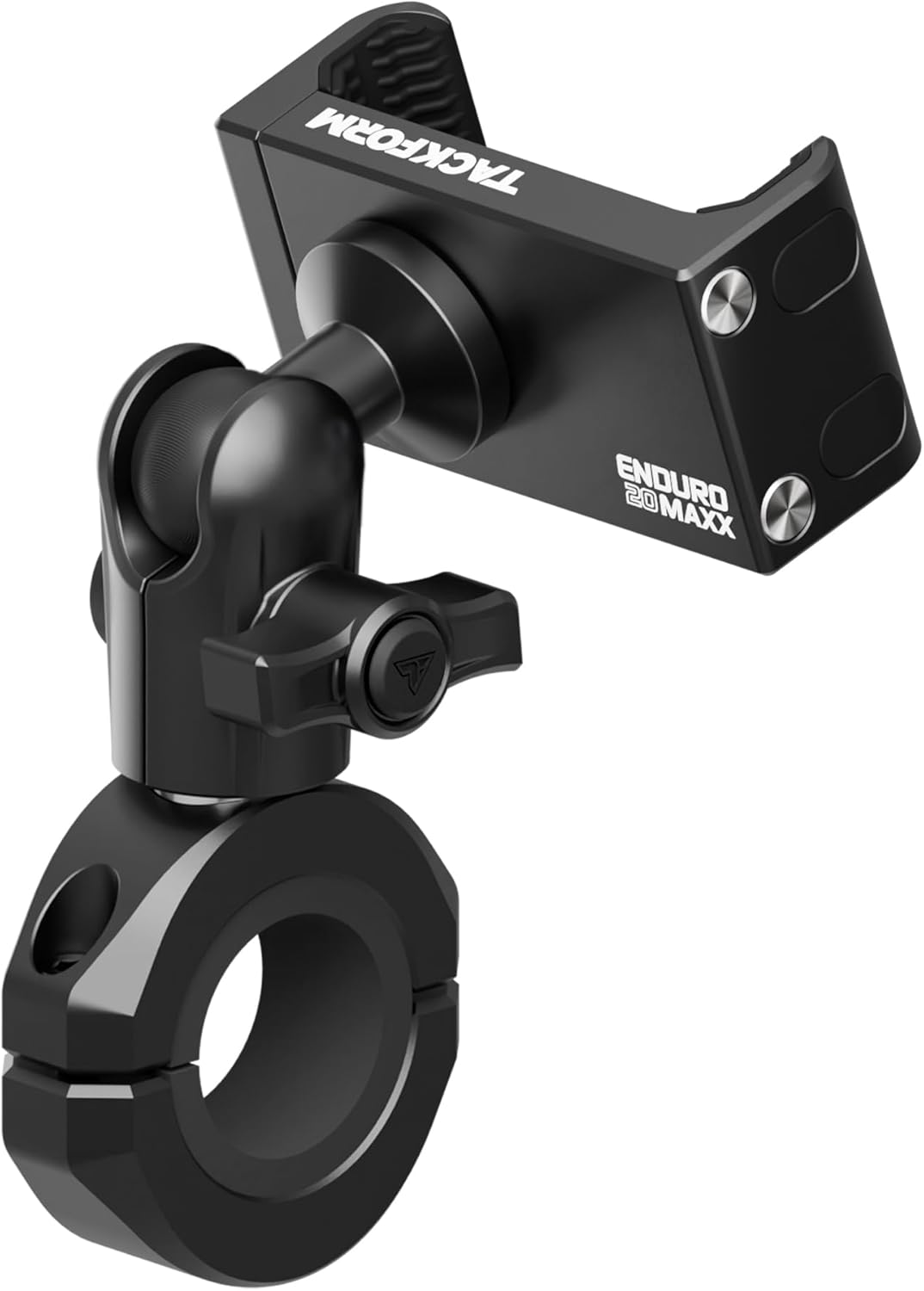Tackform Black Motorcycle ALL METAL Phone Mount - 20MAXX Spring Cradle | BC3 Universal Clamp Fits 7/8" to 1-1/4" Handlebars | Aluminum | Compatible with Iphones, Galaxy Devices, More | Short Reach Arm