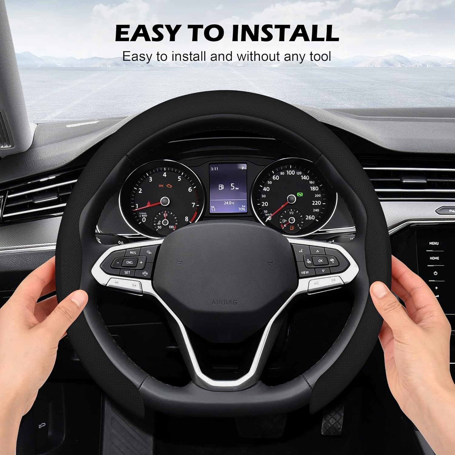 Frani Nappa Leather Steering Wheel Cover, Universal 15 Inch Premium Non-Slip Steering Wheel Cover Black image number 1