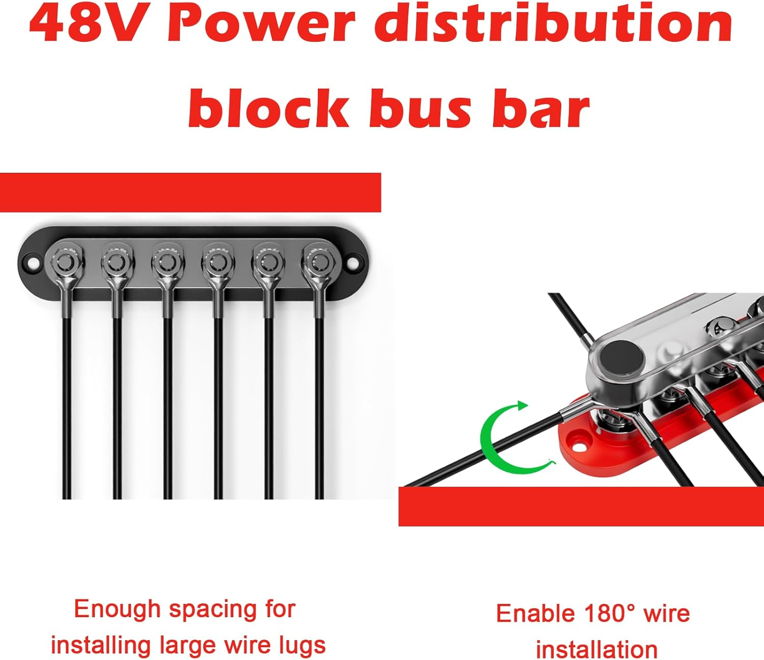 Bus Bar 6 Gang 300A M8 Power Distribution Block Terminal Post Stud 12V Black Nickel Plated for Corrosion Protection, Enhance RV Experience (Red) - Black image number 5
