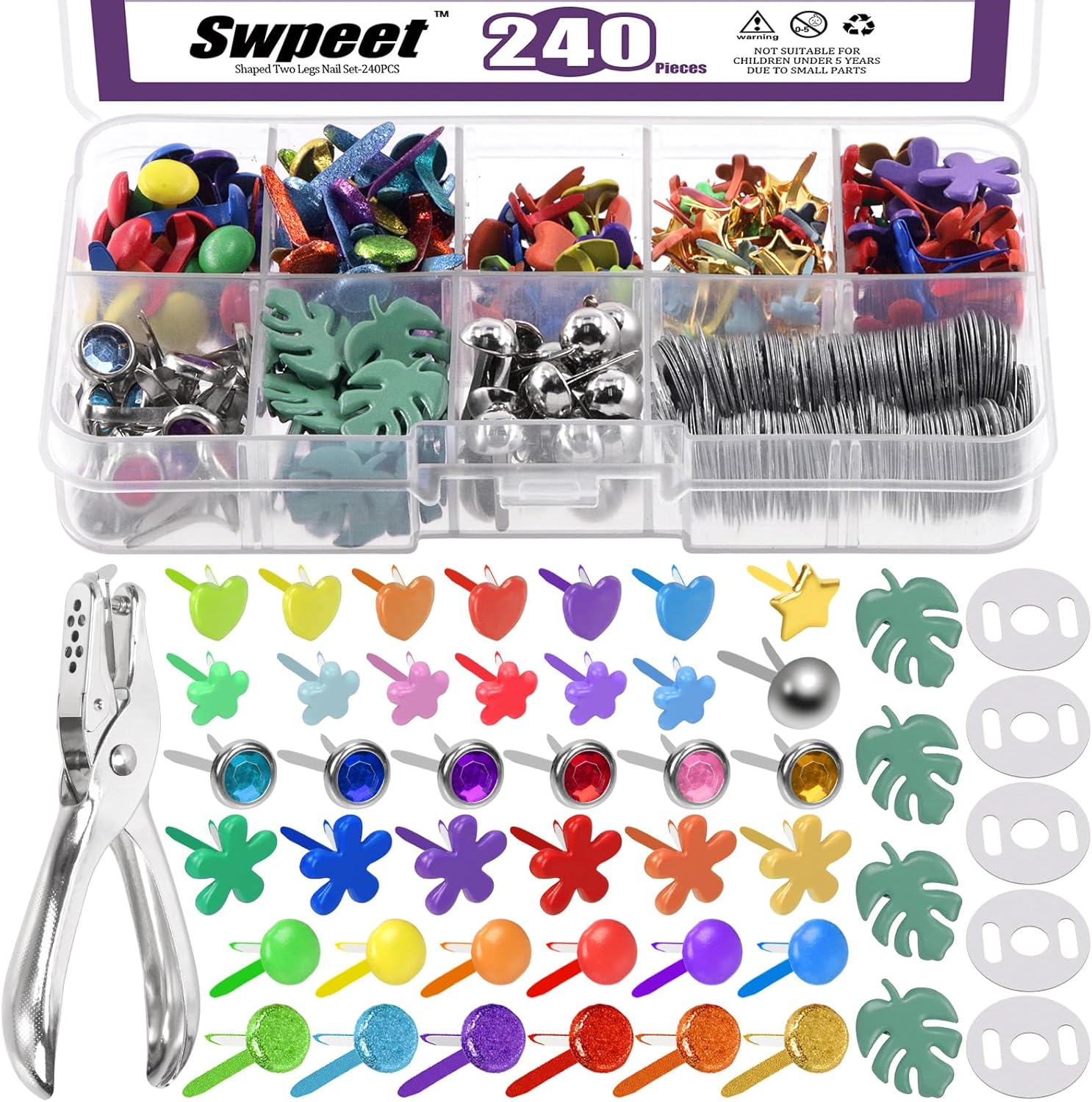 Swpeet 240 Sets 9 Styles and 5 Sizes Multicolor Split Pins Mini Brads Metal Brad with Hole Punch Assortment Kit, Metal Paper Brass Paper Fasteners Pastel Brads for Scrapbooking and Clothing Shoes image number 5