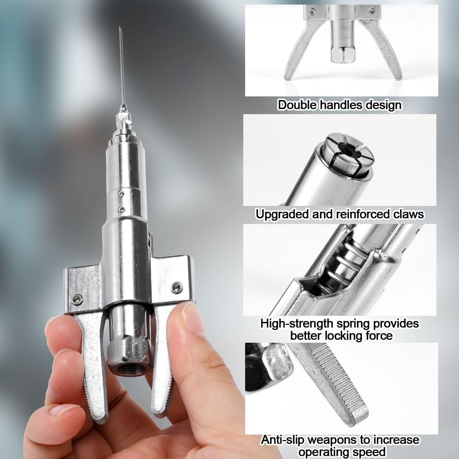 PEUTIER 3Pcs Grease Gun Coupler & Grease Gun Needle Tip, Double Handles Grease Gun Coupler Quick Release Grease Gun Fittings for All Grease Guns image number 4