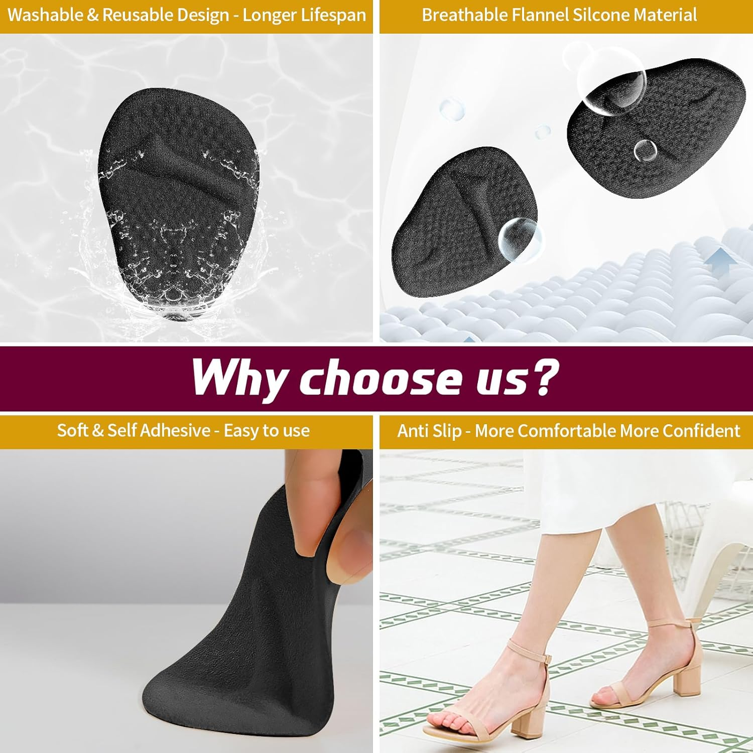 Ball of Foot Cushions Heel Inserts, Anti-Slip Metatarsal Pads for Women, One Size Fit All Foot Pad Insoles, Foot Pain Relief and Comfort Reusable Shoes Forefoot Gel Insoles for Loose Shoe, Blisters, Calluses-3Pairs, Black - Beige image number 4