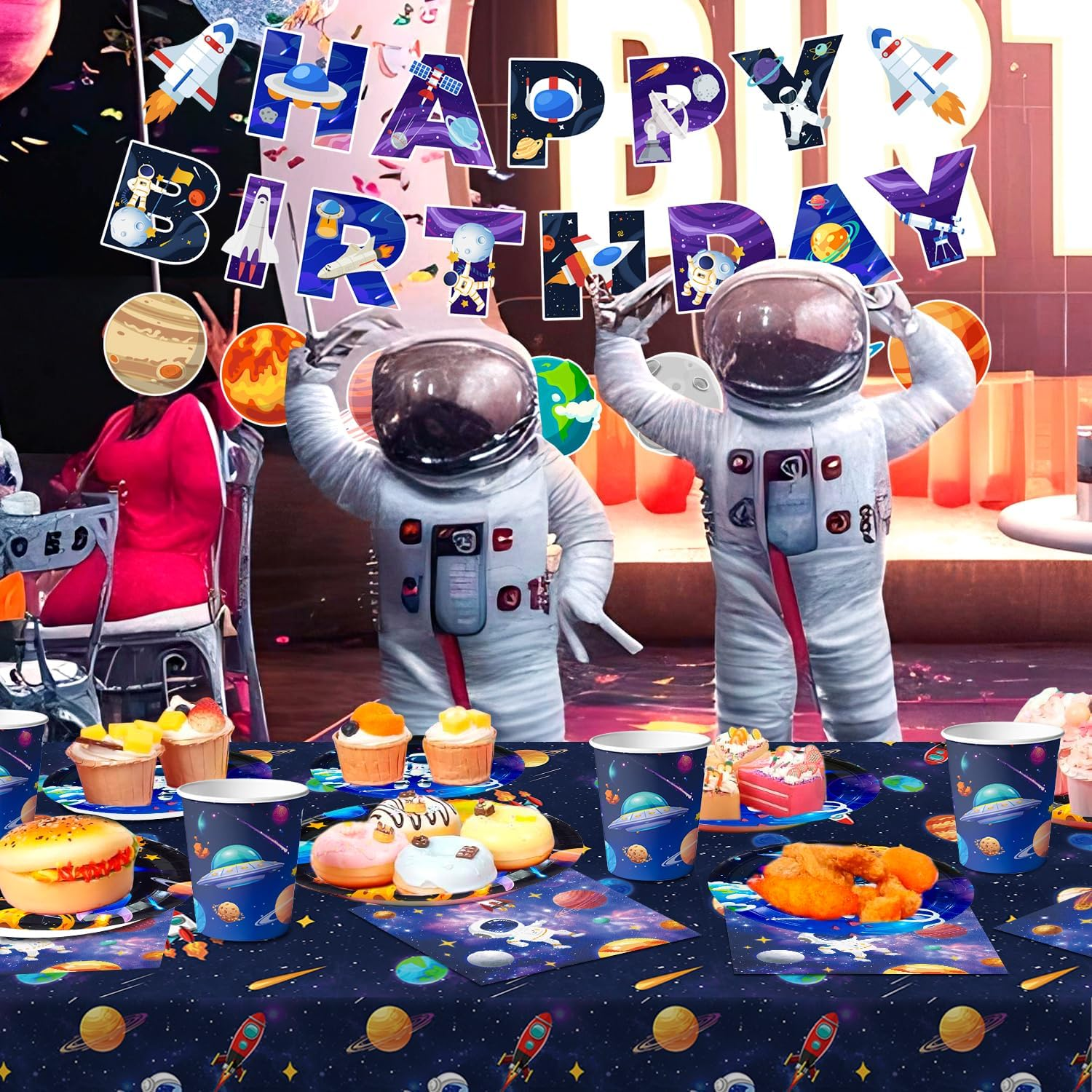 Space Theme Tableware, 24 Guests Outer Space Birthday Party Supplies - Party Plates Napkins Tablecloth Garland Etc Tableware for Birthday Decorations