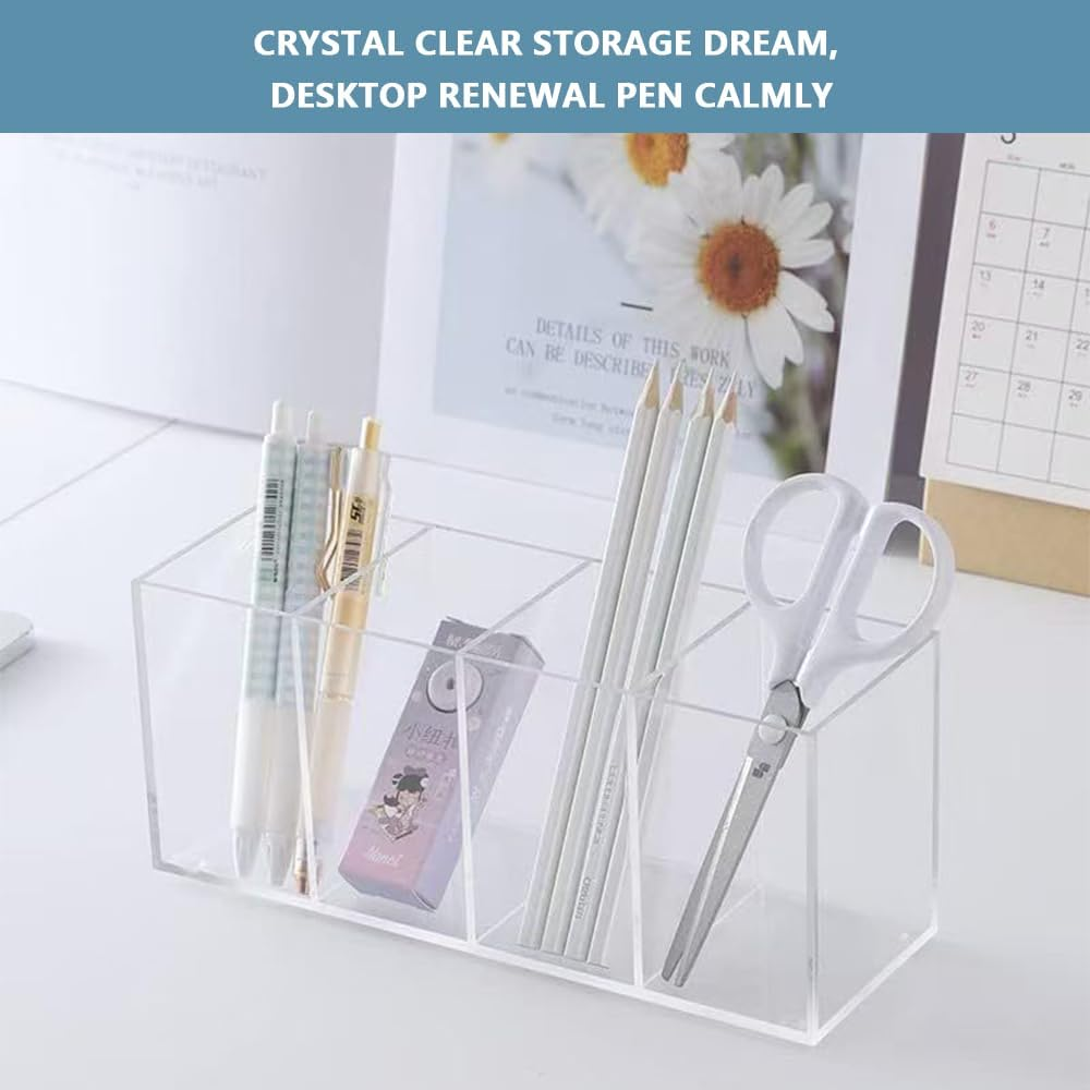 Acrylic Pen Holder with 4 Compartments &ndash; Clear Pencil & Desk Organizer for Office, Home, School image number 2
