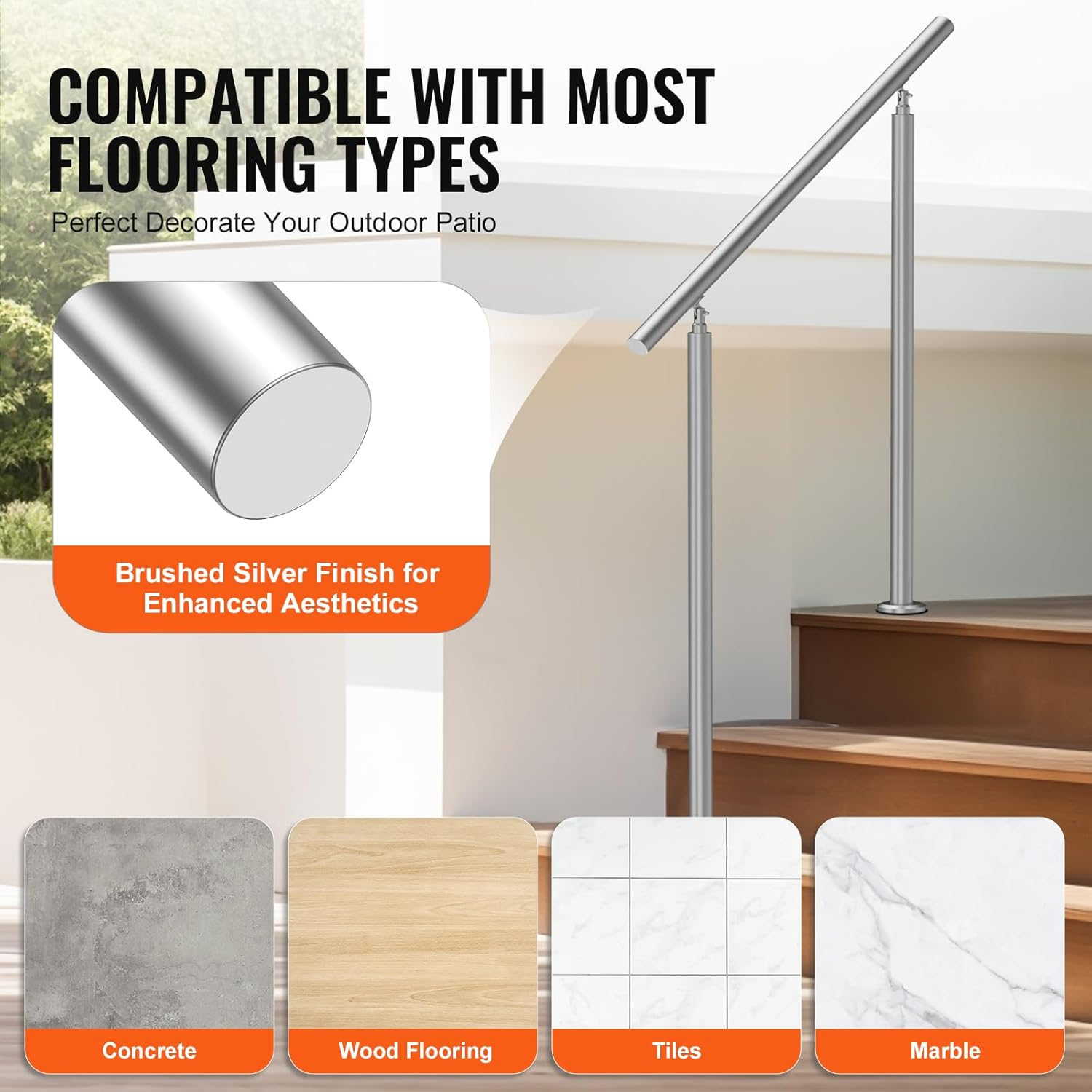 VEVOR Handrails for Outdoor Steps, 39.4In / 100Cm Length Stair Hand Rail Kit, Transitional Stainless Steel Railings with Installation Kit, Double-Column Staircase Handrails for Seniors,Porch & Deck image number 2