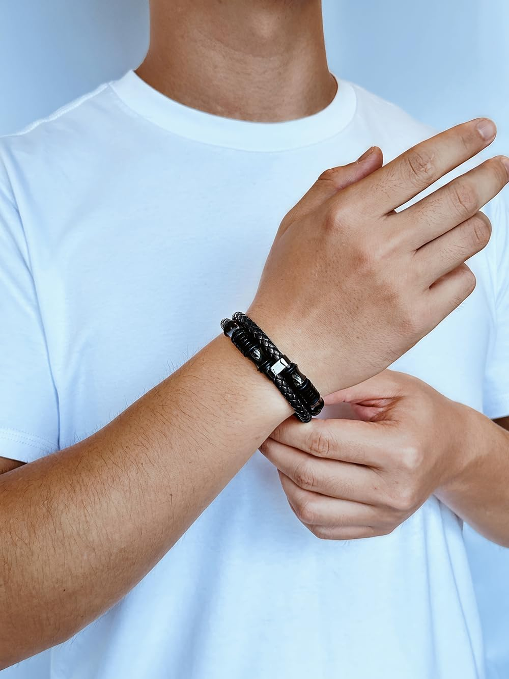 HEIX Men'S Premium Leather Bracelet Magnetic Stainless Steel Clasp in Dark Blue and Brown Great Gift Idea for Men & Boys Jewelry (Black) - Black, 19.0 Centimeters image number 3