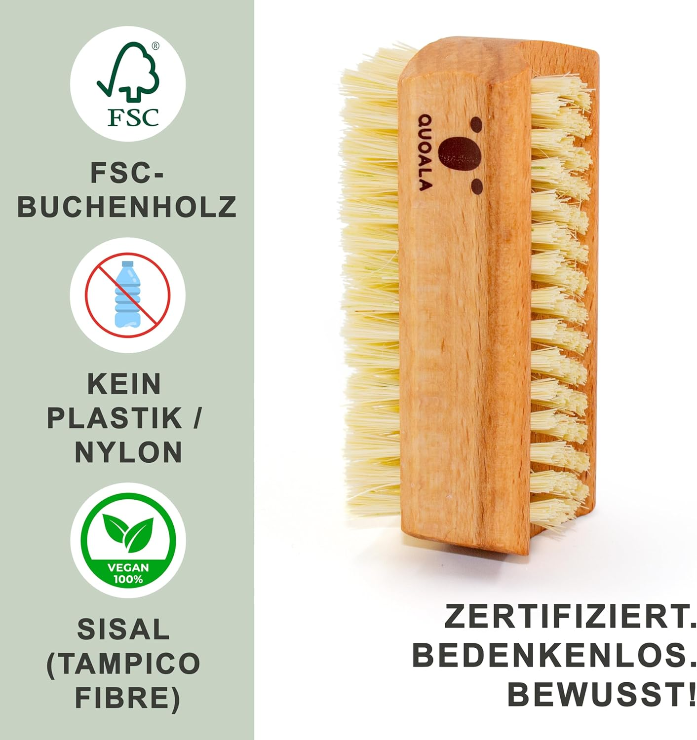 QUOALA Double-Sided Hand & Nail Brush Made of FSC Beech Wood with - for Deep Cleaning, Manicure, Pedicure - Environmentally Friendly, Ergonomic - Made in Germany by QUOALA (Sisal Bristles/Vegan) image number 3