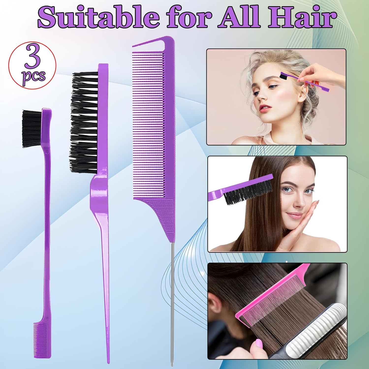 3Pcs Styling Hair Brush Set, Rat Tail Comb, Double-Sided Edge Brush, Bristle Hair Brushr for Women Man, Purple - Pink image number 5