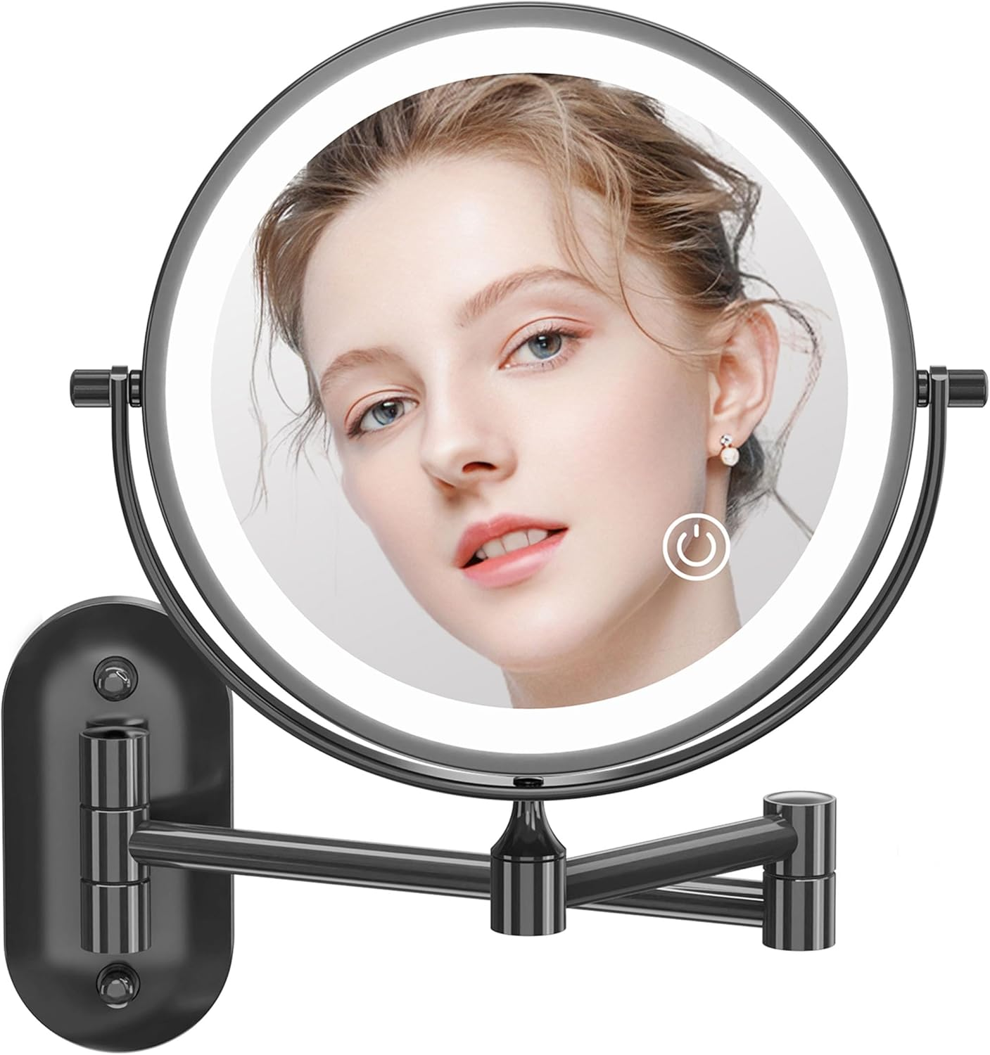 Auxmir Wall-Mounted Bathroom Makeup Mirror Double-Sided 1X/10X Magnification LED Illuminated 3 Light Colors USB Rechargeable Touch Sensor 360&deg; Rotation and Extendable for Bathroom, Black, X-8CB
