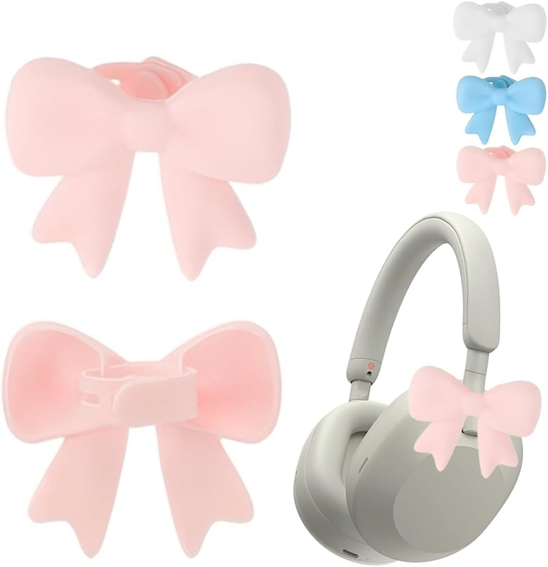 Bow Headphone Accessories, 2 Pack Cute 3D Silicone Bows for Headsets, Clip-On Decoration for Gaming Headphones, Streamer and Gamer Women (White)
