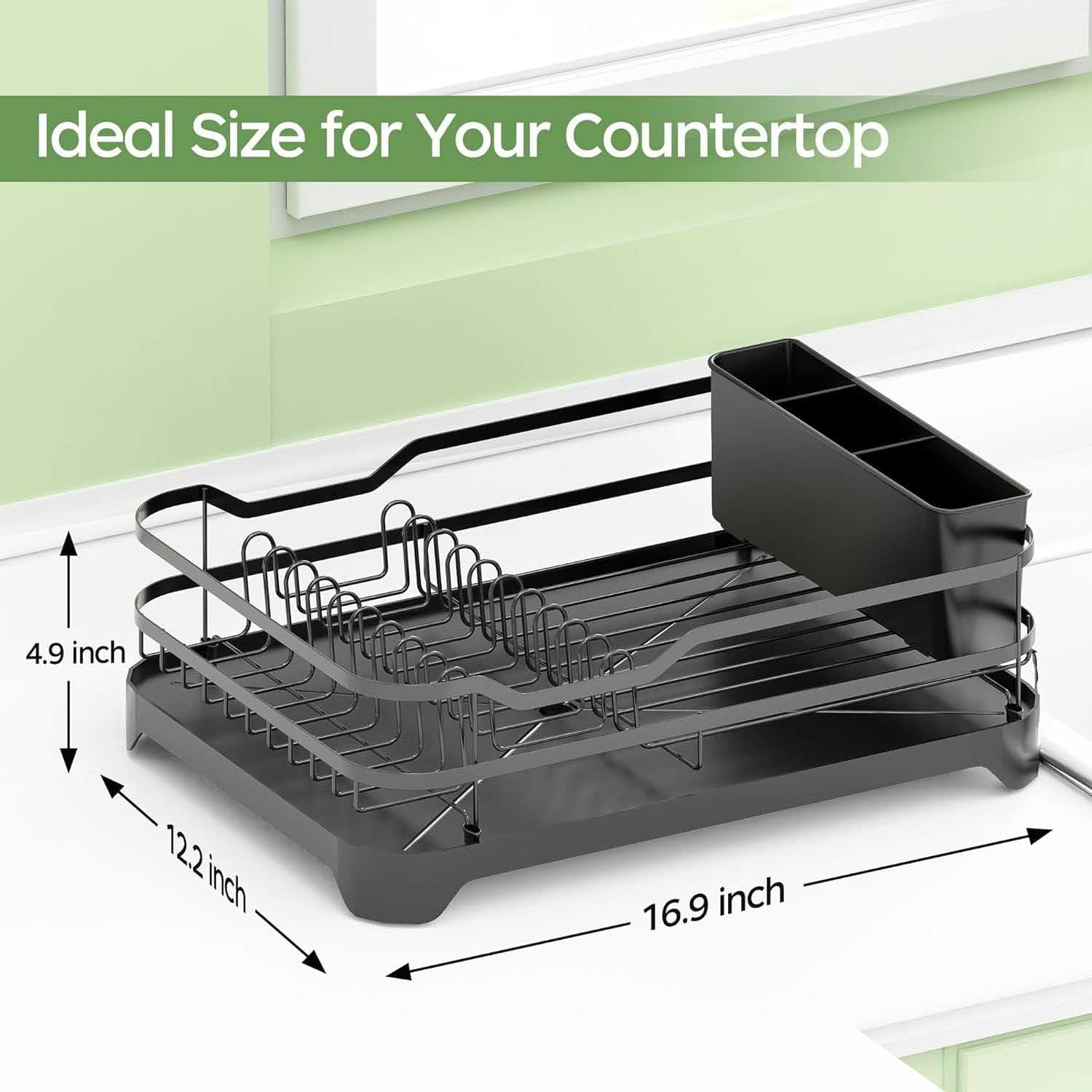 Dish Drying Rack, Stainless Steel Rustproof Dish Rack for Kitchen Counter, Sturdy Dish Drainer with Drainboard, Drainage, Utensil Holder for Various Kitchenware, 16.9"(L) X 12.2"(W), Black image number 3