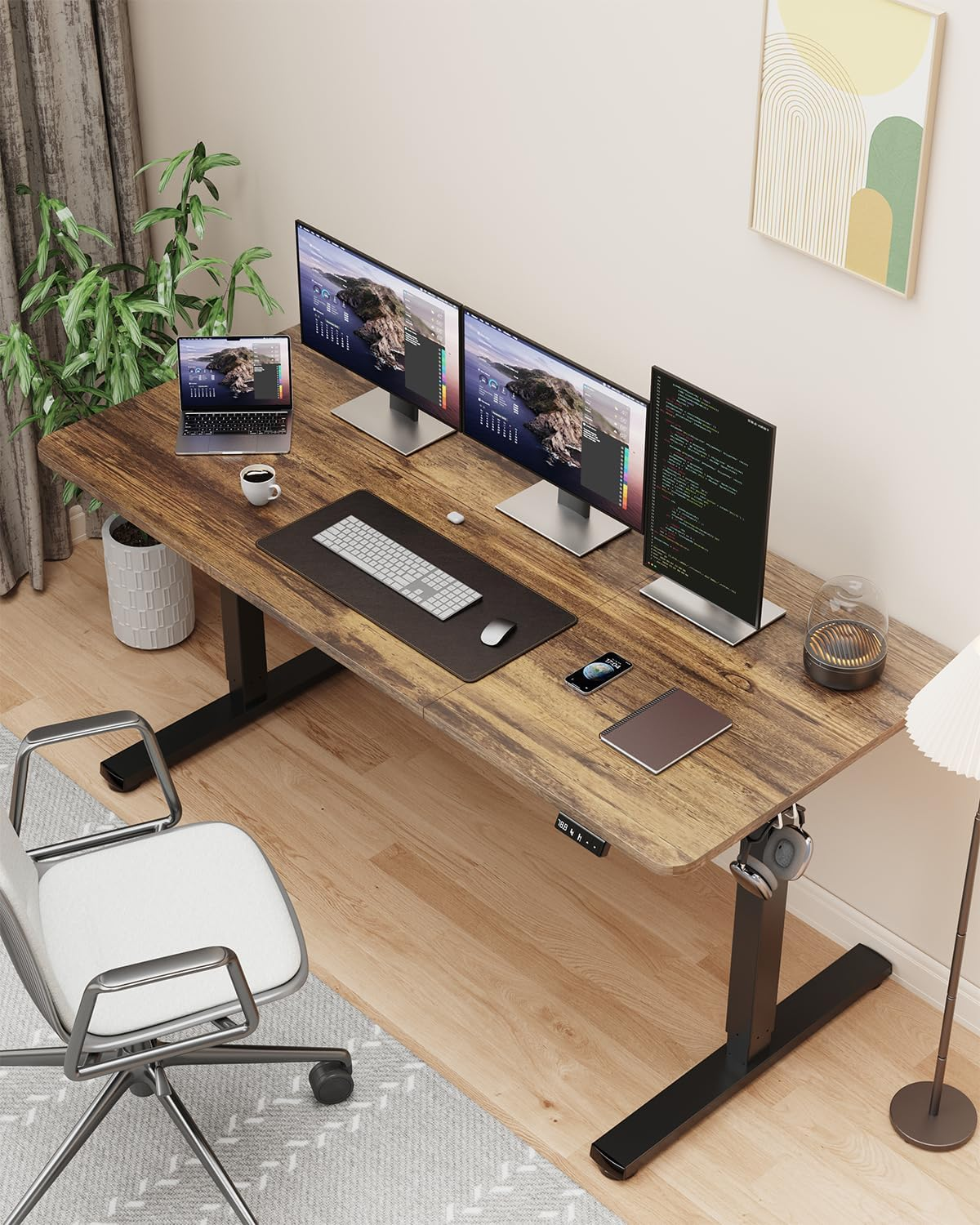Standing Desk, Large Height Adjustable Electric Stand up Desk, 140X60Cm Sit Stand Home Office Desk, with Splice Board, Black Frame/Rustic Brown Top image number 1