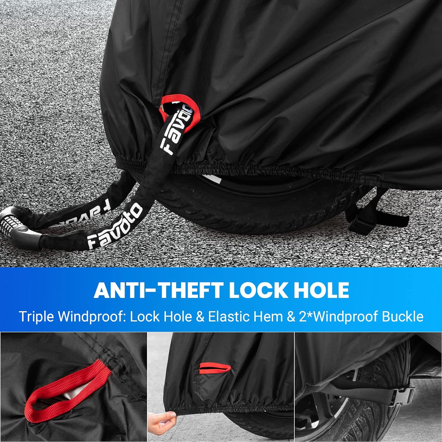 Favoto Motorcycle Cover Waterproof Motorcycle Cover Panel Outdoor 210D Oxford for Motorcycles Electric Scooter with Windscreen Reflective Strips Lock Hole 245 Cm X 105 Cm X 160 Cm Black image number 4