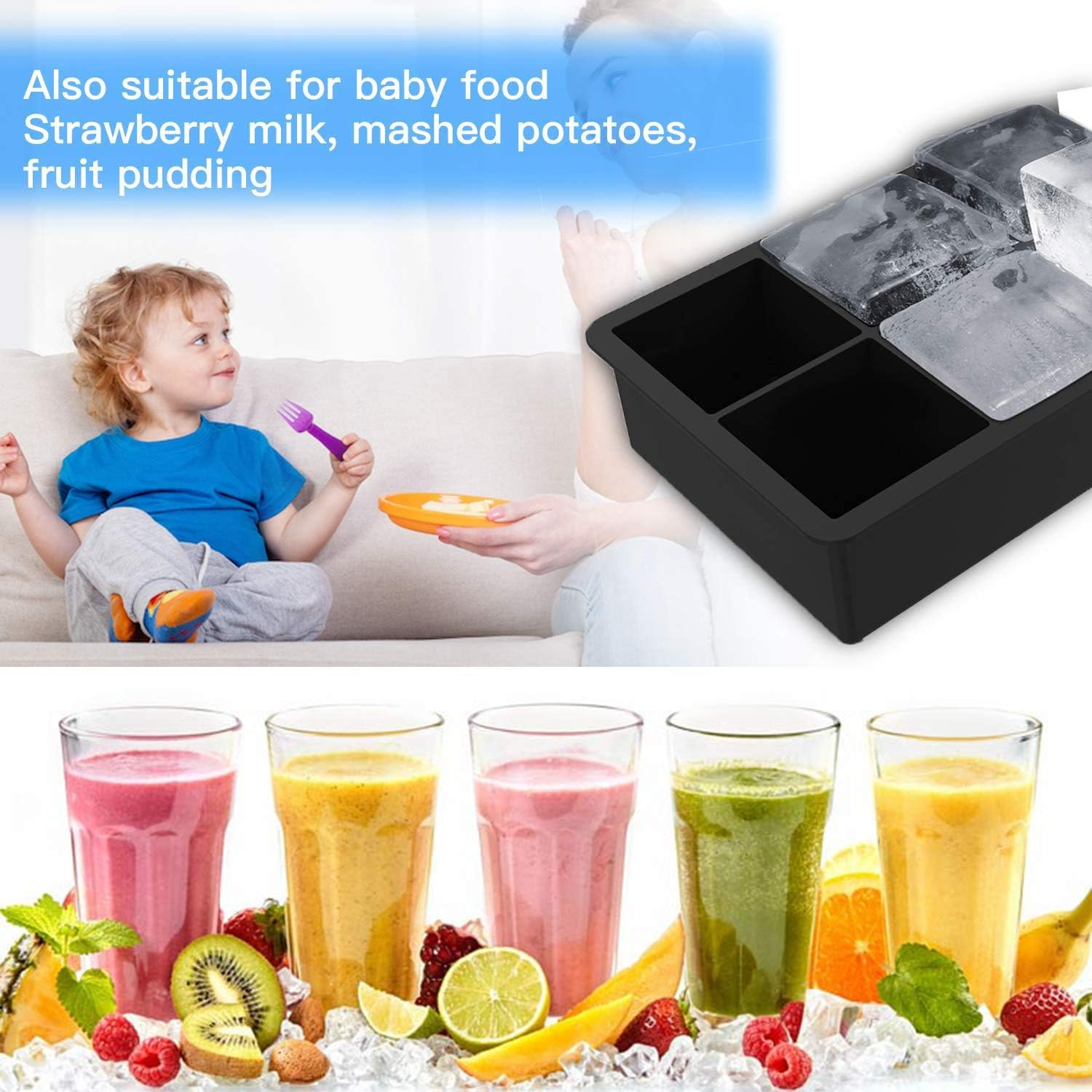 Ice Cube Trays (Set of 2), Reusable & BPA Free Silicone Sphere 6 Giant Ice Ball Cube Maker Use for Kids with Candy Pudding Jelly Milk Juice Chocolate Mold or Cocktails Whiskey Particles,Black image number 3