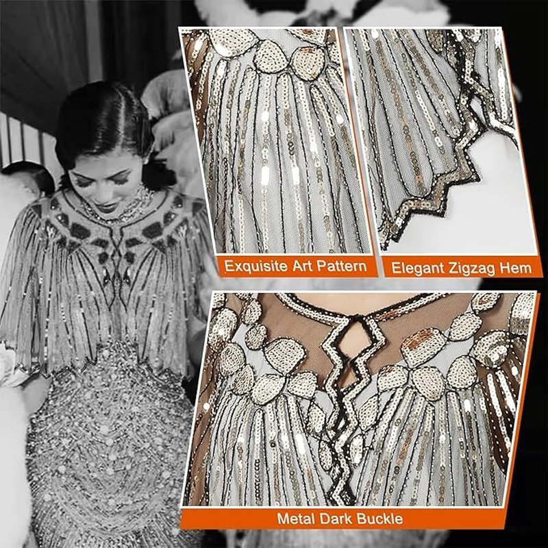 Women'S 1920S Shawl Wraps Beaded Sequin Cape Evening Flapper Cover Up image number 2
