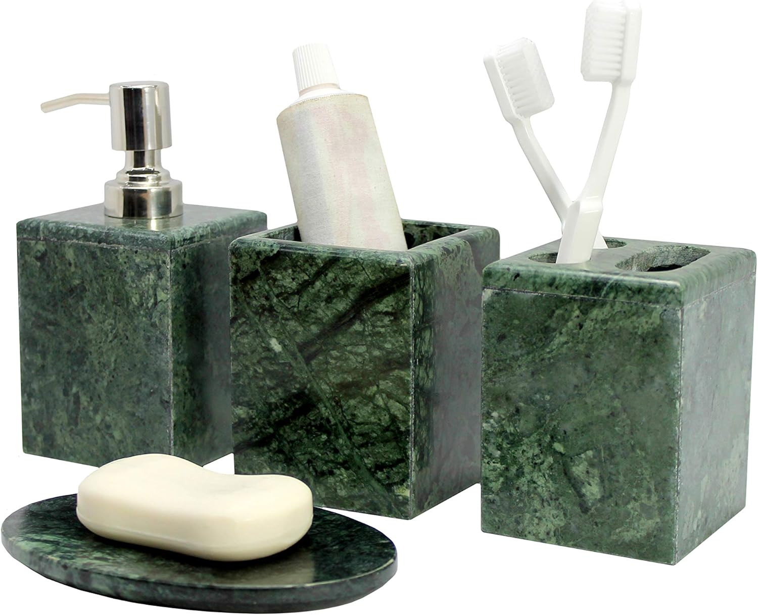 KLEO - Bathroom Accessory Set Made from Natural Green Stone - Bath Accessories Set of 4 Includes Soap Dispenser Toothbrush Holder Tumbler and Soap Dish (Green) - Green image number 4