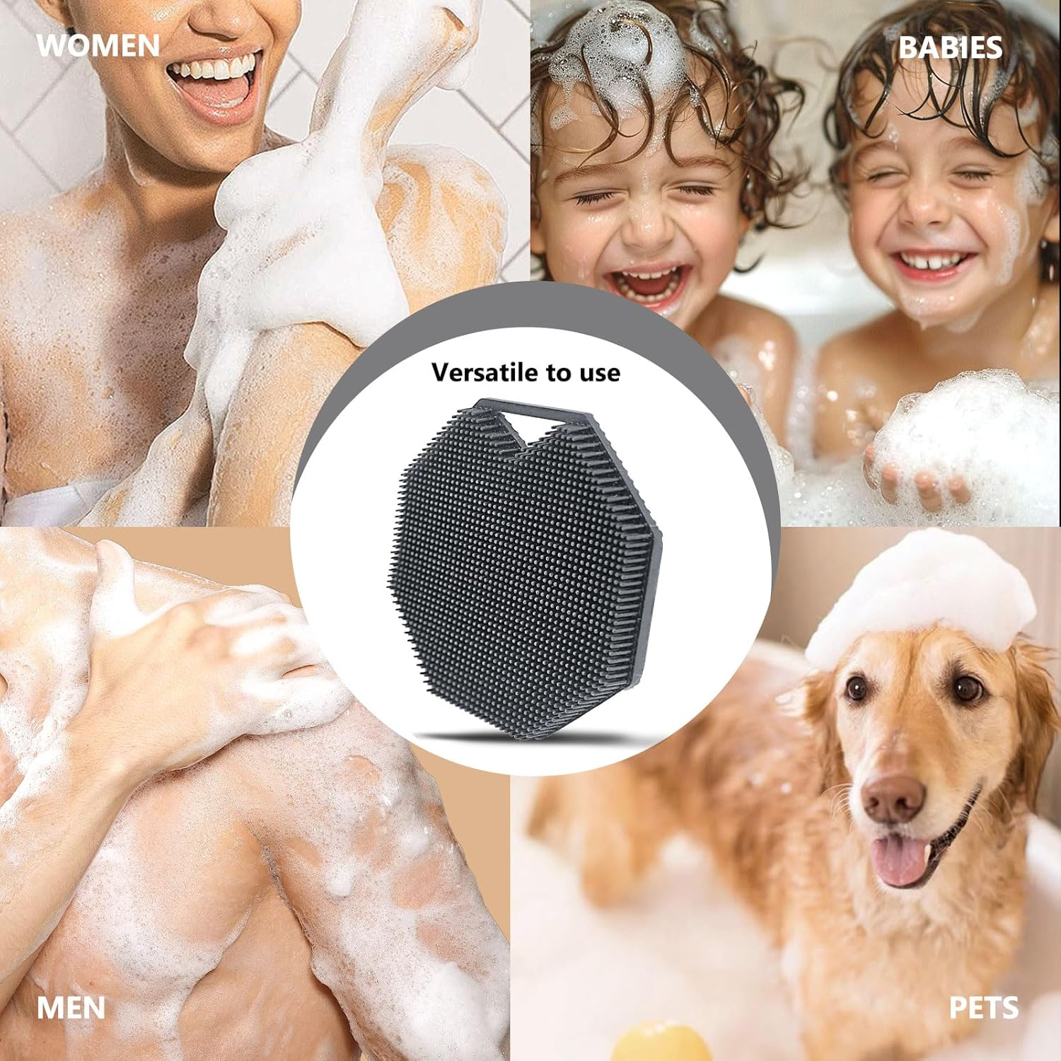 2 Pack Silicone Body Scrubber, Exfoliating Body Scrubber for Sensitive Skin, Silicone Loofah with Anti-Slippery Handle, Stays Clean Easily, Travel-Friendly for Men & Women (Gray + Purple) - Gray  Purple image number 5