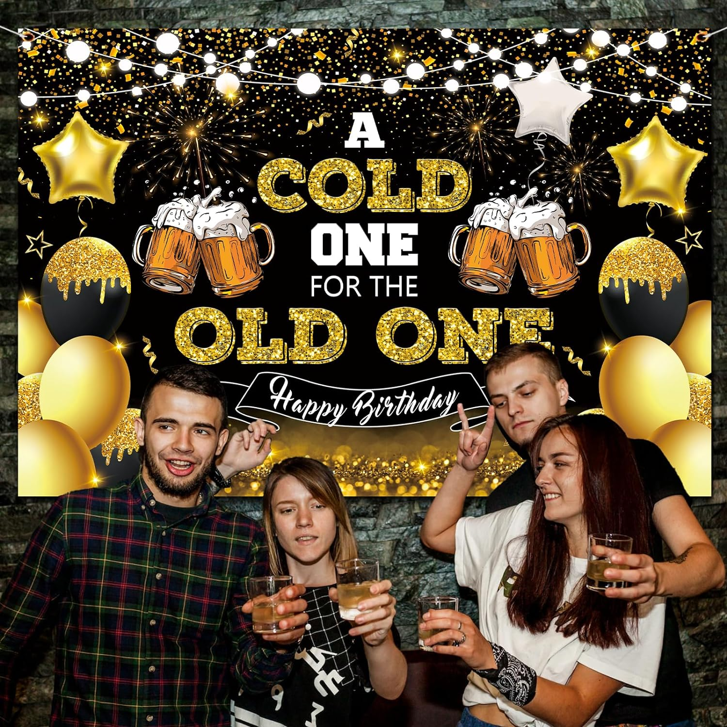 Beer Party Decorations,Black and Gold Happy Birthday Backdrop for Men a Cold One for the Old One Photography Background Banner for 30Th 40Th 50Th Birthday Cheers and Beers Party Supplies image number 4