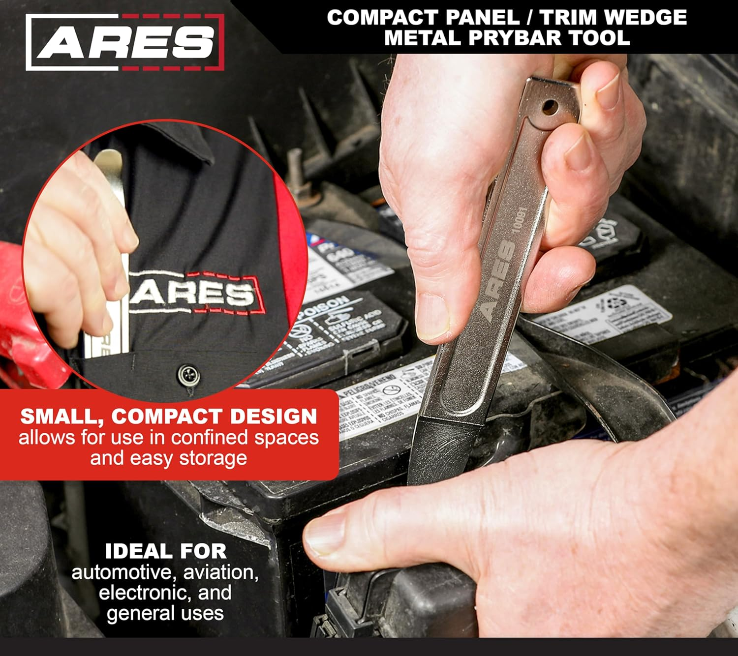 ARES 10091 &ndash; Compact Panel/Trim Wedge Metal Prybar Tool &ndash; Durable Prybar Easily Removes Trim, Paneling, Sheet Metal, Fasteners, and More &ndash; Compact Design for Use in Confined Spaces image number 2