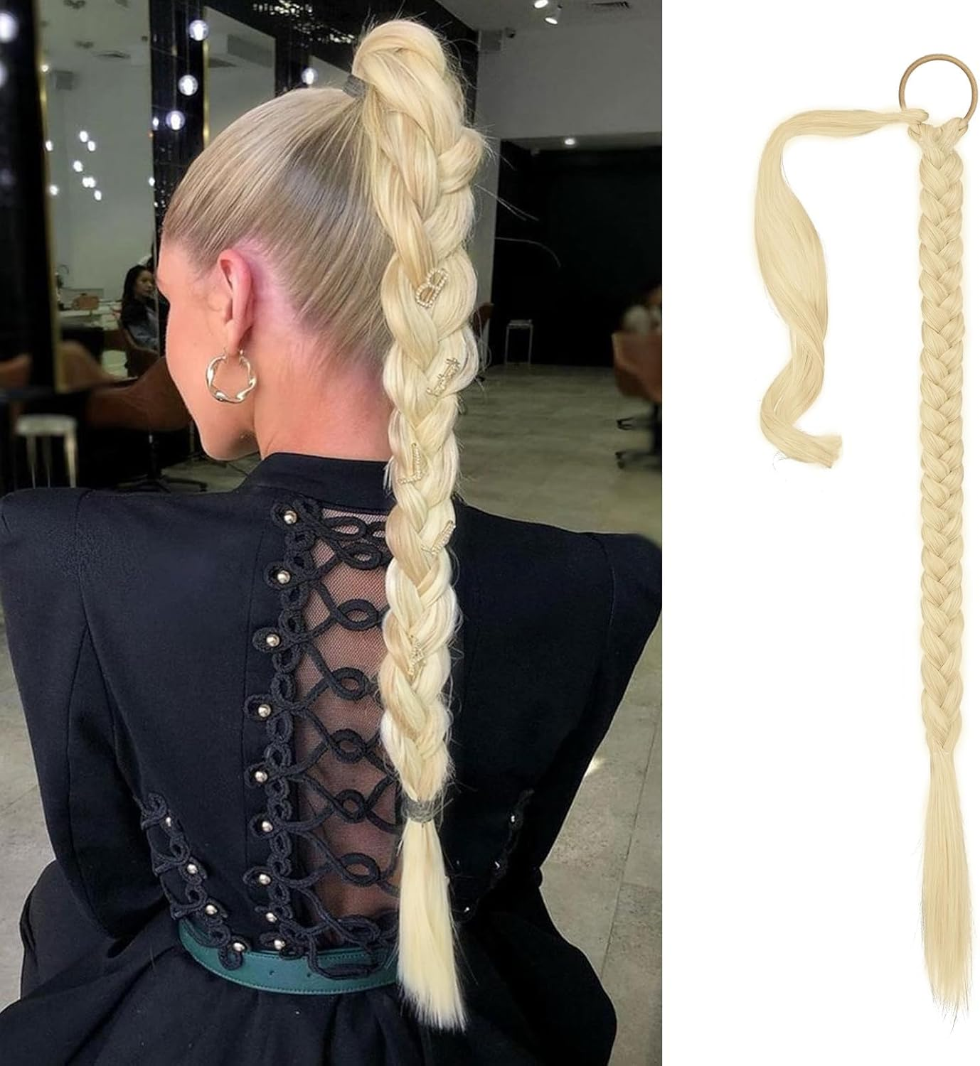 BECUS Long Braid Ponytail Extension with Elastic Tie Straight Sleek Wrap around Braid Hair Extensions for Women Ponytail Natural Soft Synthetic Hairpiece Black Brown 32 Inch(After Braided 30 Inch)