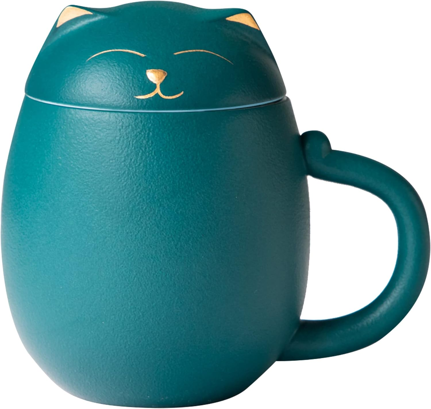 HEER Ceramic Tea Mug with Infuser and Lid, Cute Cat Tea Cup with Filter for Steeping Loose Leaf, Chinese Handmade Porcelain Teacup for Home Office. (Green)