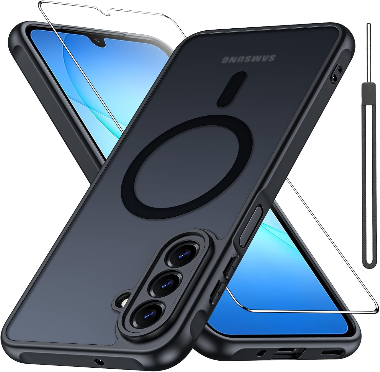 Magnetic Case for Samsung Galaxy A17 4G/5G,Compatible with Magsafe with Screen Protector [Wrist Strap] Translucent Matte Back Shockproof Slim Cell Phone Protective Cover(Black)