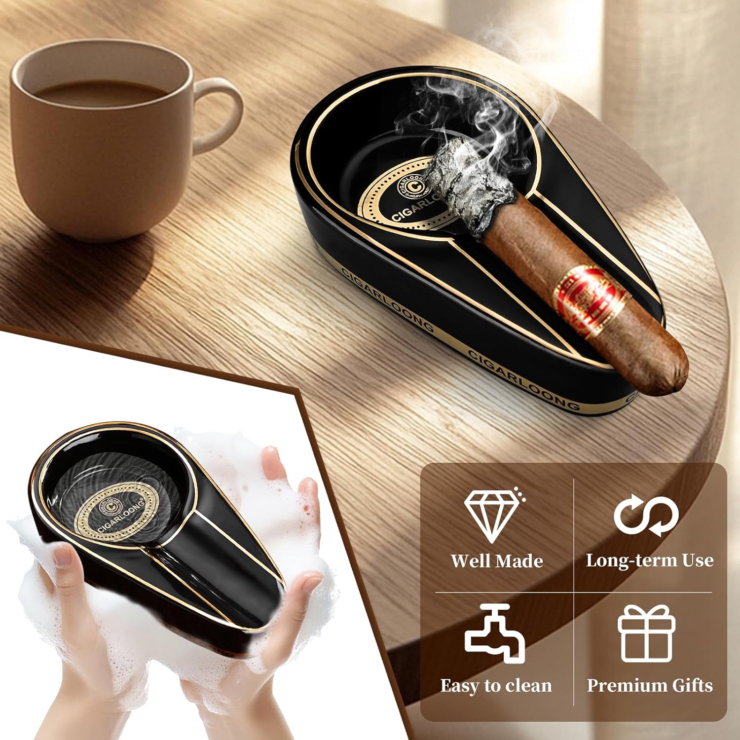 Cigar Ashtray for Outdoor, Ceramic Ashtray, Portable Cigar Ashtray for Home, Patio, Travel (Yellow) - Black image number 6