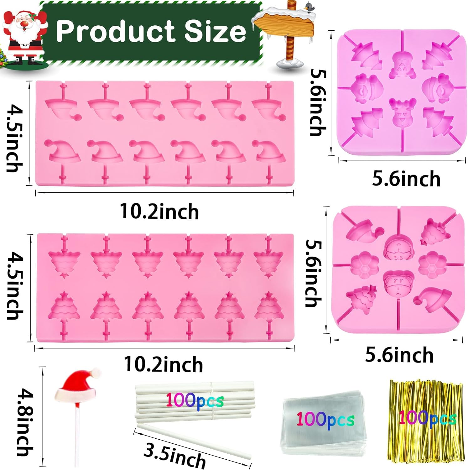 Jhylilia 304Pcs Christmas Lollipop Molds, Pink Silicone Candy Molds with Lollipop Sticks, Treat Bags & Twist Ties image number 4