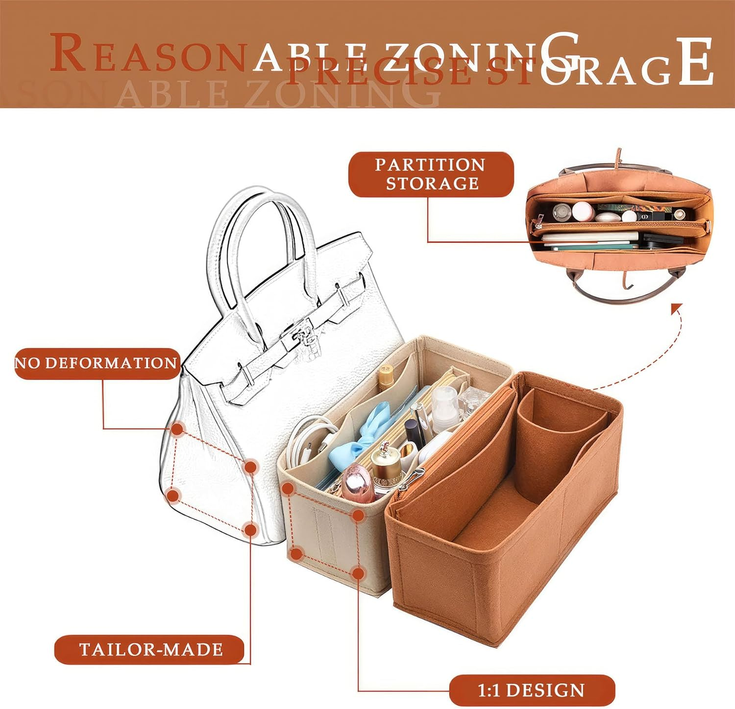 KOPPAL Purse Organizer Insert for Handbags, Felt Bag Organizer with Zipper, Large Capacity,Women, Handbags Shaper for Birkin(35,Orange) image number 7