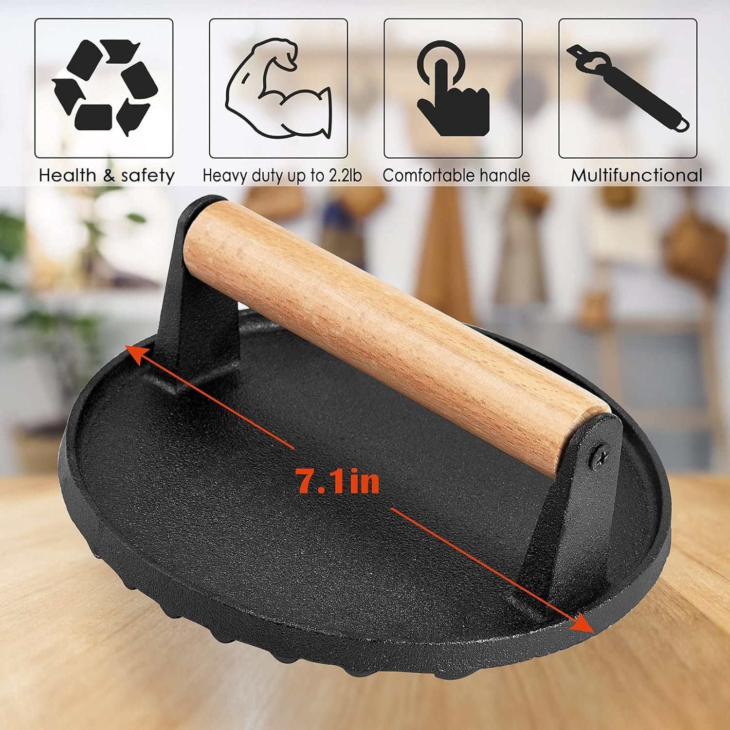 Cast Iron Grill Press Weight - with Wooden Handle - Cast Iron Press for Meat, Hamburger Patty, Smash Burger, Bacon, Steak image number 2